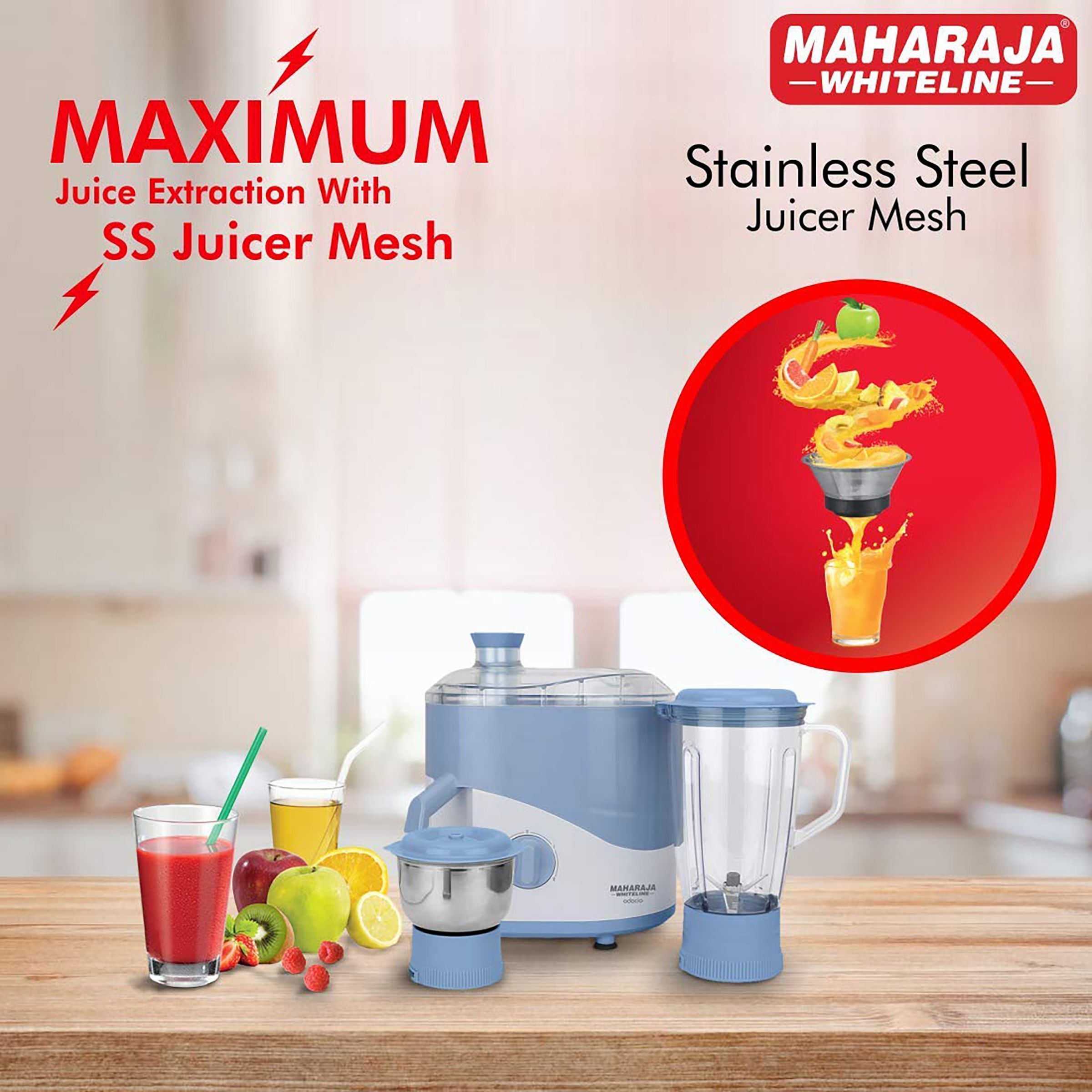 MAHARAJA WHITELINE Odacio JX1-149 500 Watt 2 Jars Juicer Mixer Grinder (22000 RPM, Non-Slip Feet, Blue/White)_7