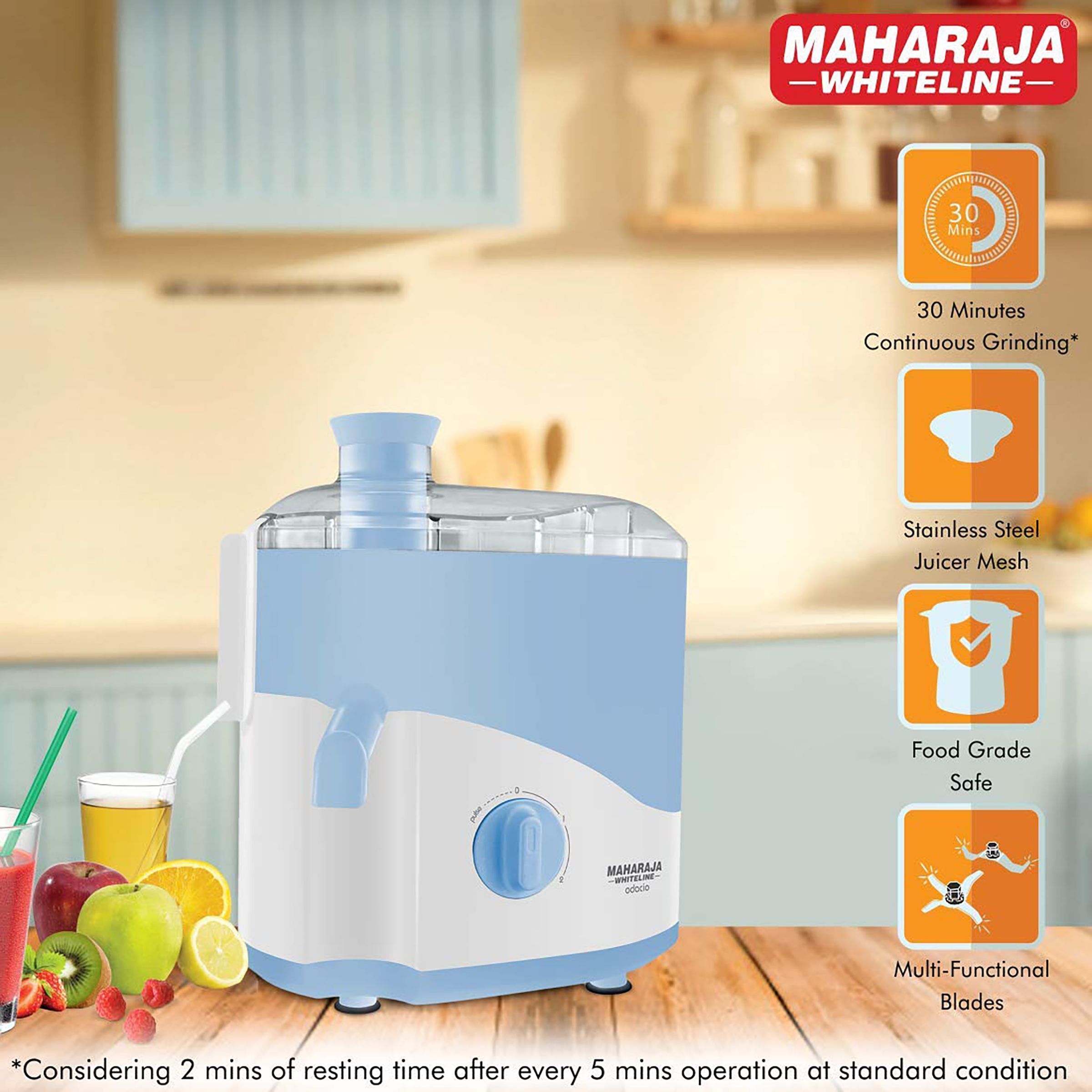 MAHARAJA WHITELINE Odacio JX1-149 500 Watt 2 Jars Juicer Mixer Grinder (22000 RPM, Non-Slip Feet, Blue/White)_8