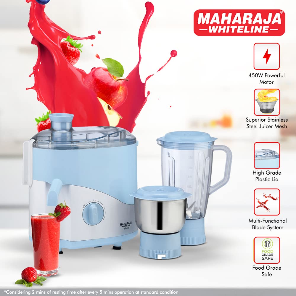 MAHARAJA WHITELINE Odacio JX1-149 500 Watt 2 Jars Juicer Mixer Grinder (22000 RPM, Non-Slip Feet, Blue/White)_9