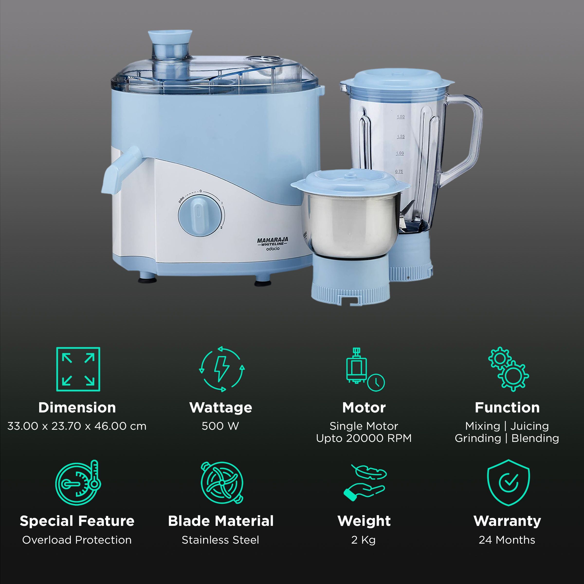 MAHARAJA WHITELINE Odacio JX1-149 500 Watt 2 Jars Juicer Mixer Grinder (22000 RPM, Non-Slip Feet, Blue/White)_2