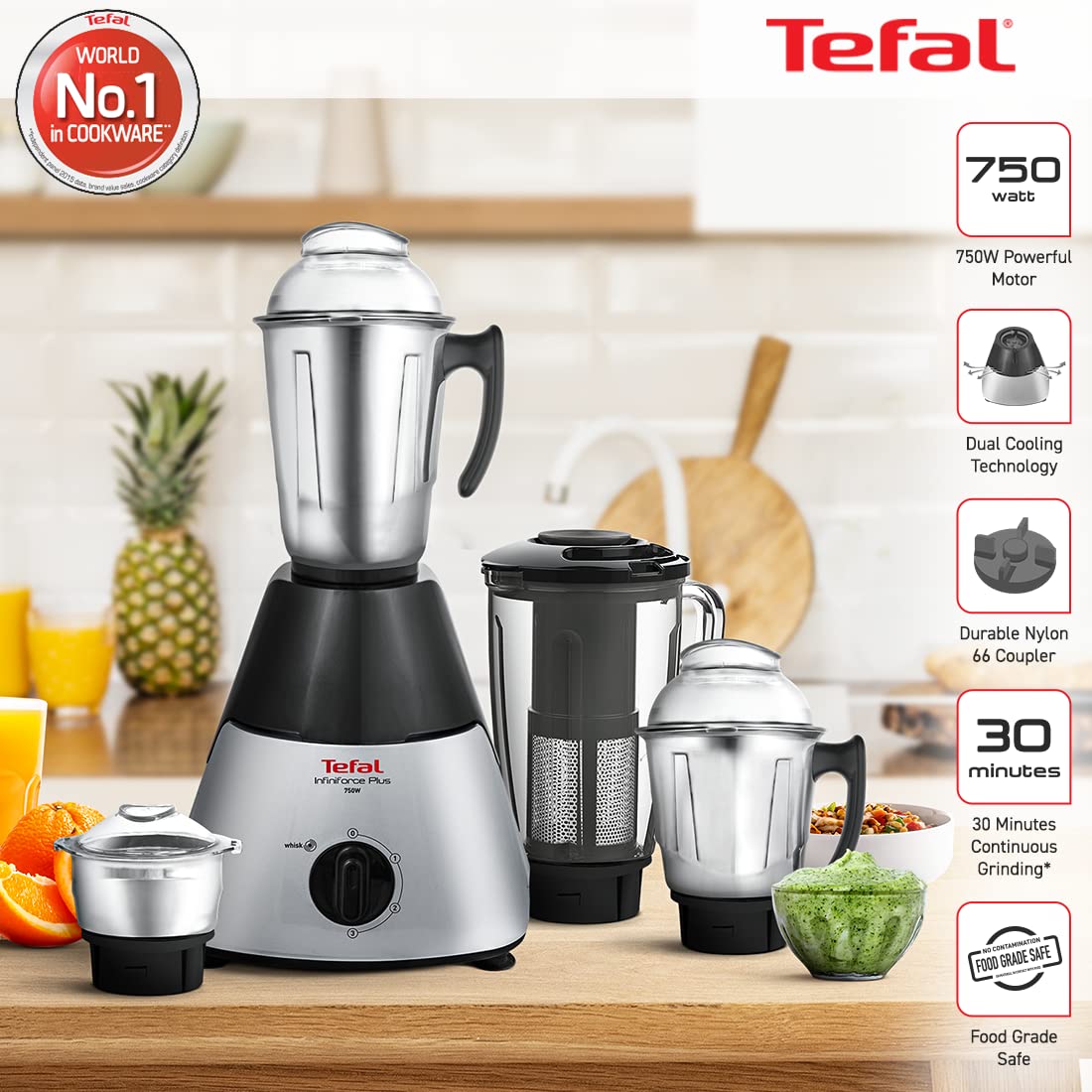 Tefal Infiniforce Plus 750 Watt 4 Jars Mixer Grinder (20000 RPM, Dual Cooling Technology, Black/Silver)_6