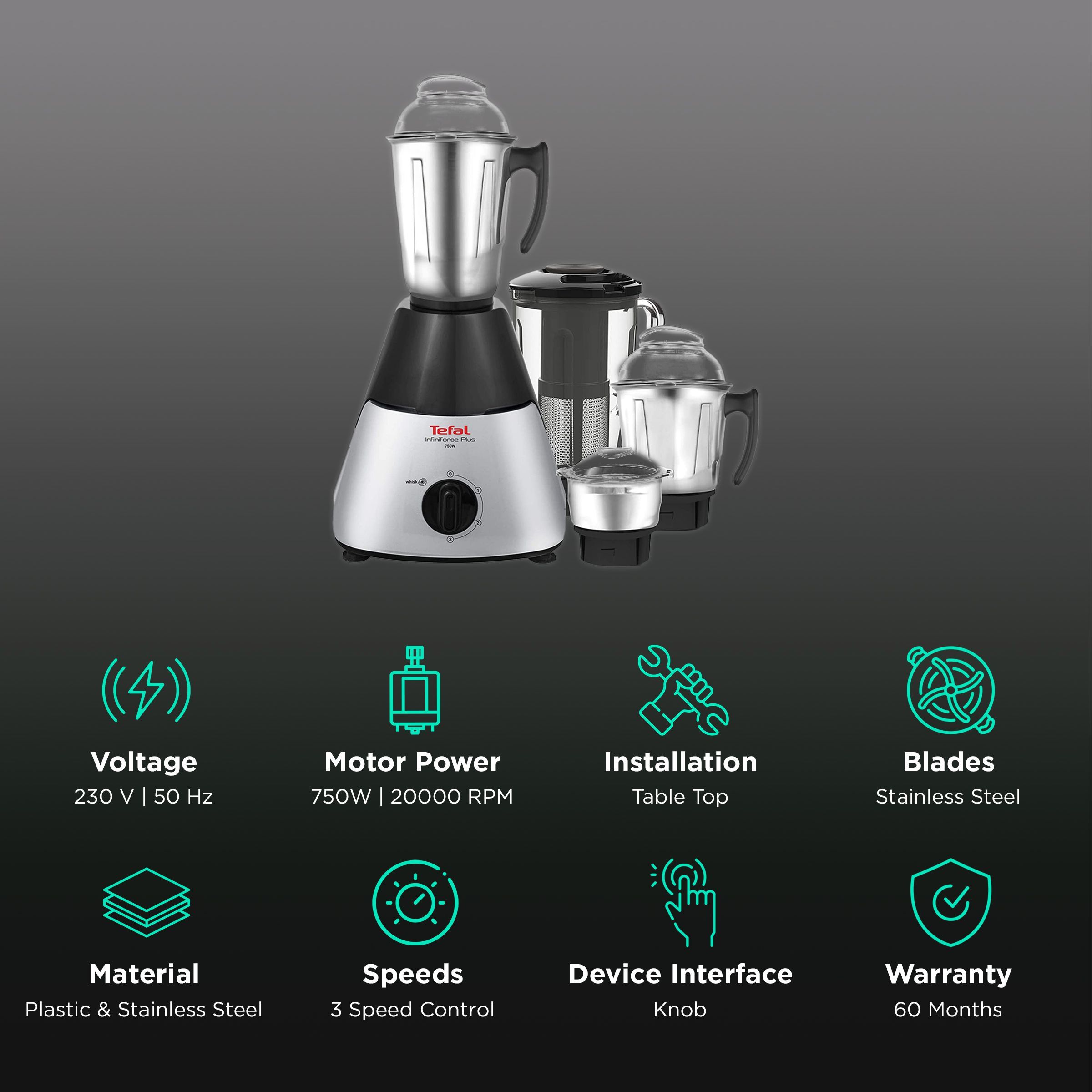 Tefal Infiniforce Plus 750 Watt 4 Jars Mixer Grinder (20000 RPM, Dual Cooling Technology, Black/Silver)_2