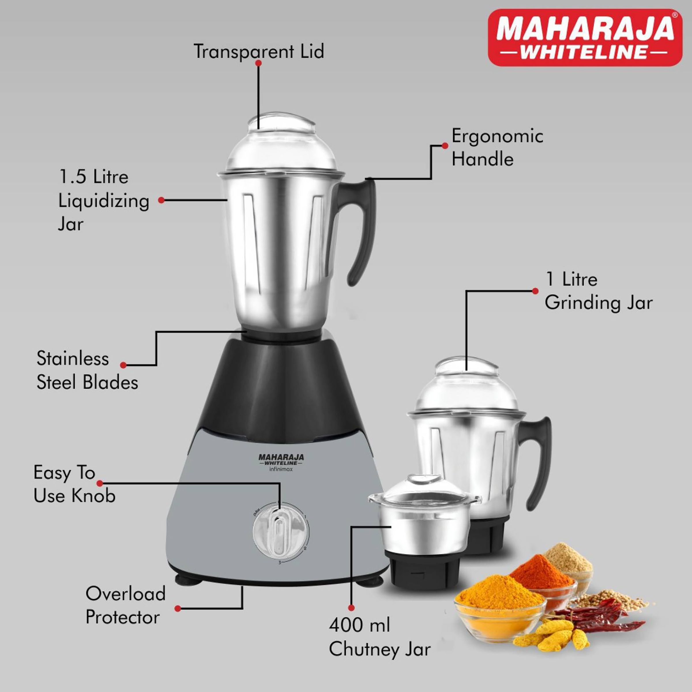 MAHARAJA WHITELINE Infinimax HD 1000 Watt 3 Jars Mixer Grinder (20000 RPM, 5-in-1 Blades, Black/Silver) MAHARAJA WHITELINE Infinimax HD 1000 Watt 3 Jars Mixer Grinder (20000 RPM, 5-in-1 Blades, Black/Silver)_10