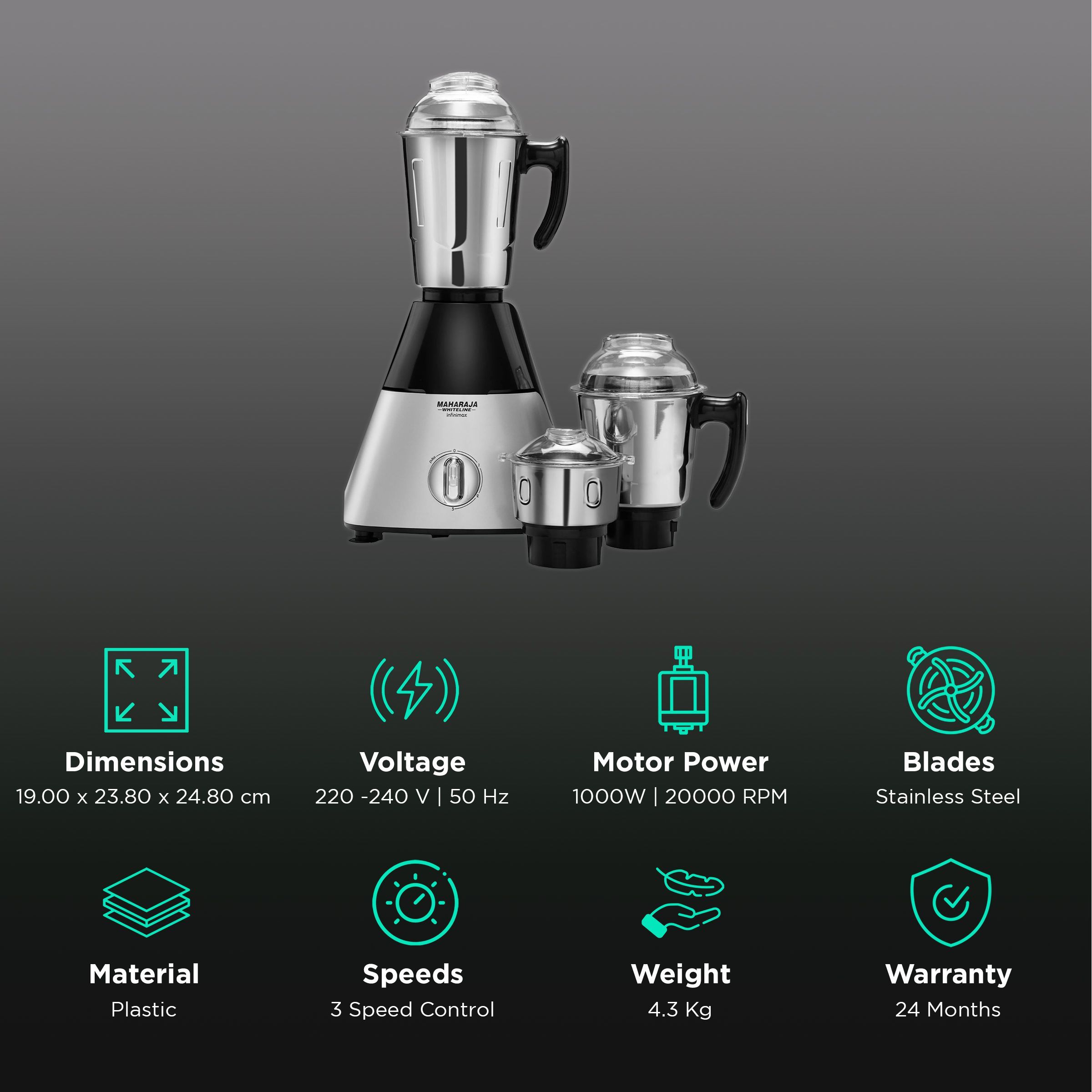 MAHARAJA WHITELINE Infinimax HD 1000 Watt 3 Jars Mixer Grinder (20000 RPM, 5-in-1 Blades, Black/Silver) MAHARAJA WHITELINE Infinimax HD 1000 Watt 3 Jars Mixer Grinder (20000 RPM, 5-in-1 Blades, Black/Silver)_2