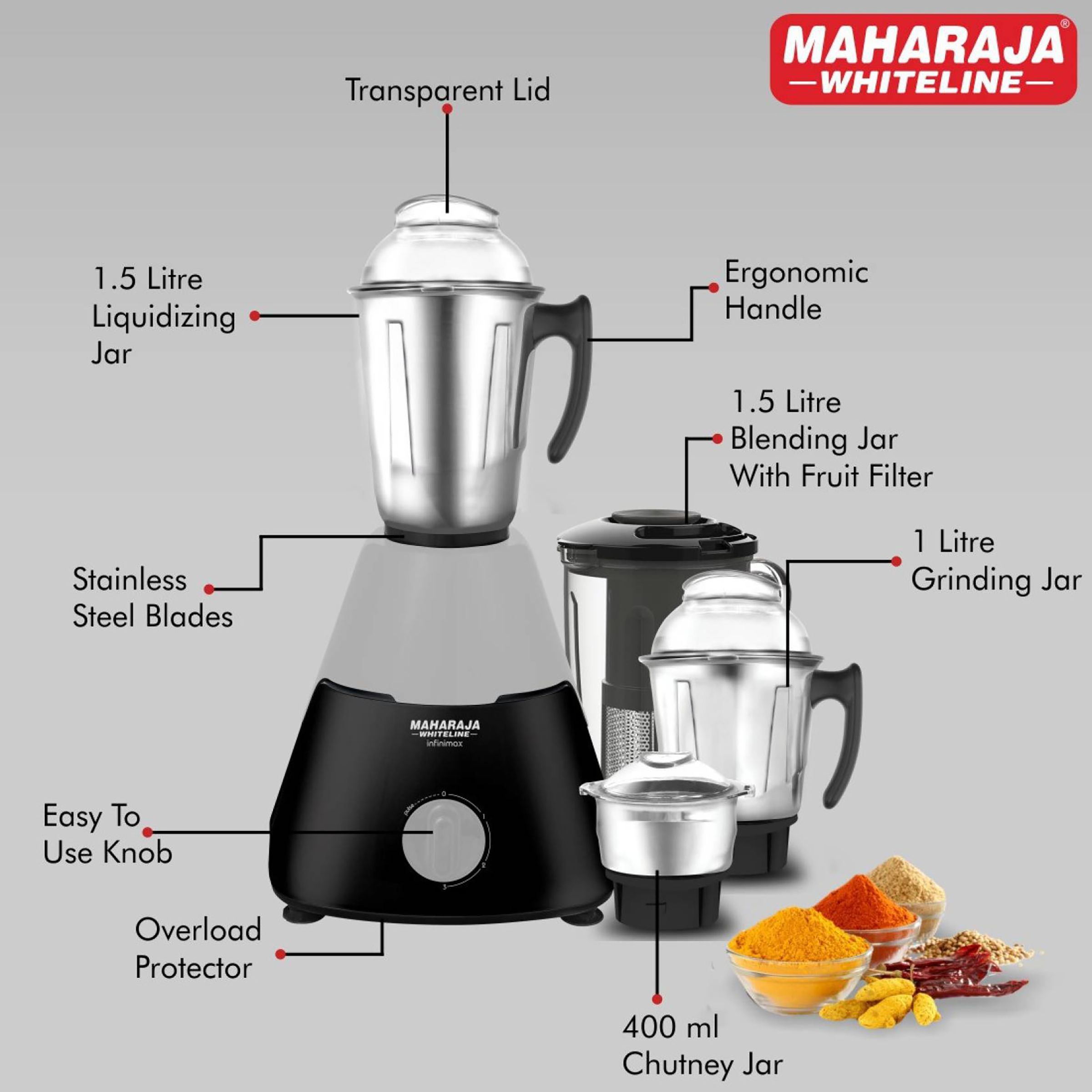 MAHARAJA WHITELINE Infinimax Elite 750 Watt 4 Jars Mixer Grinder (20000 RPM, 5-in-1 Blades, Black/Silver)_10