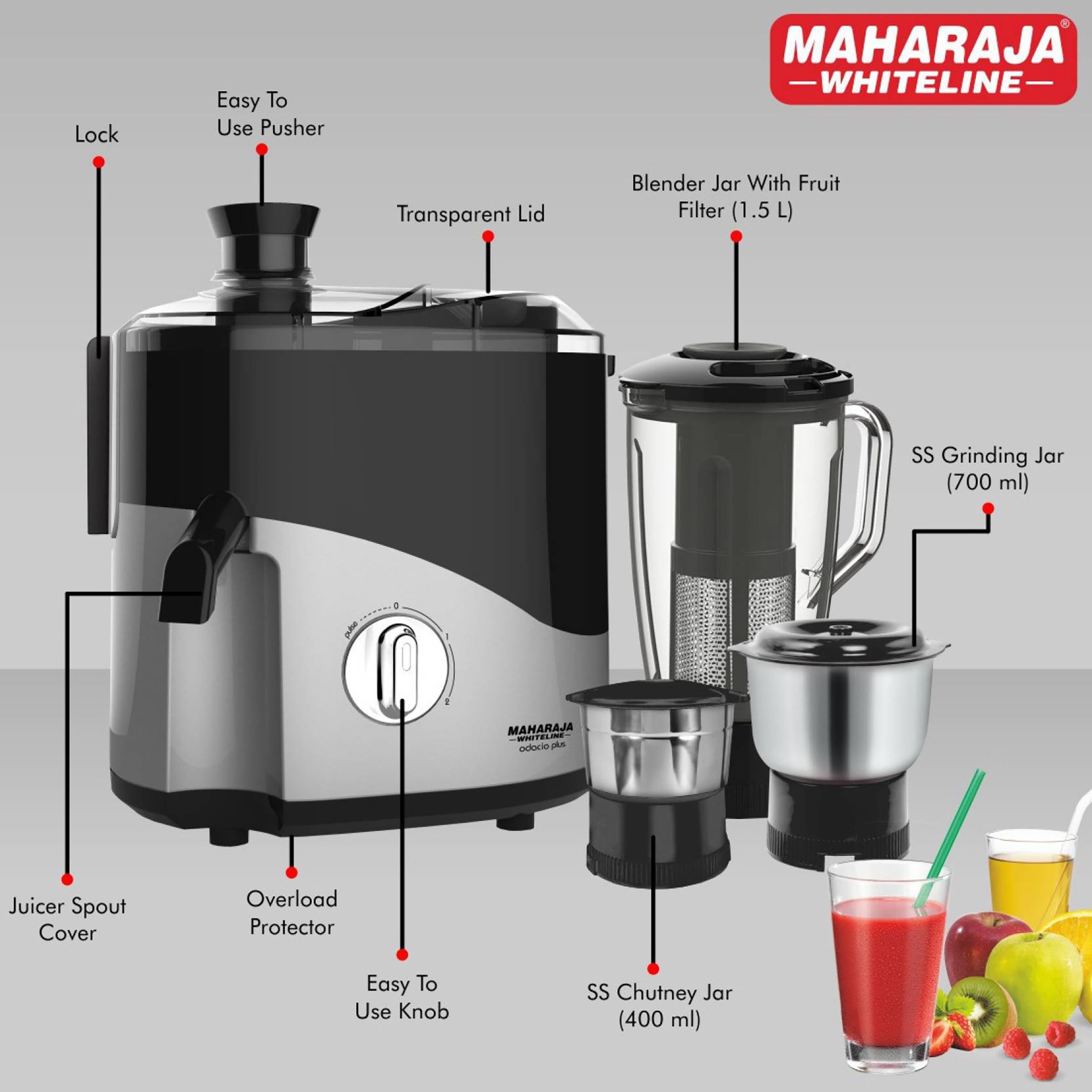 MAHARAJA WHITELINE Odacio Plus JX1-157 550 Watt 3 Jars Juicer Mixer Grinder (18000 RPM, Overload Protection, Black/Silver)_4