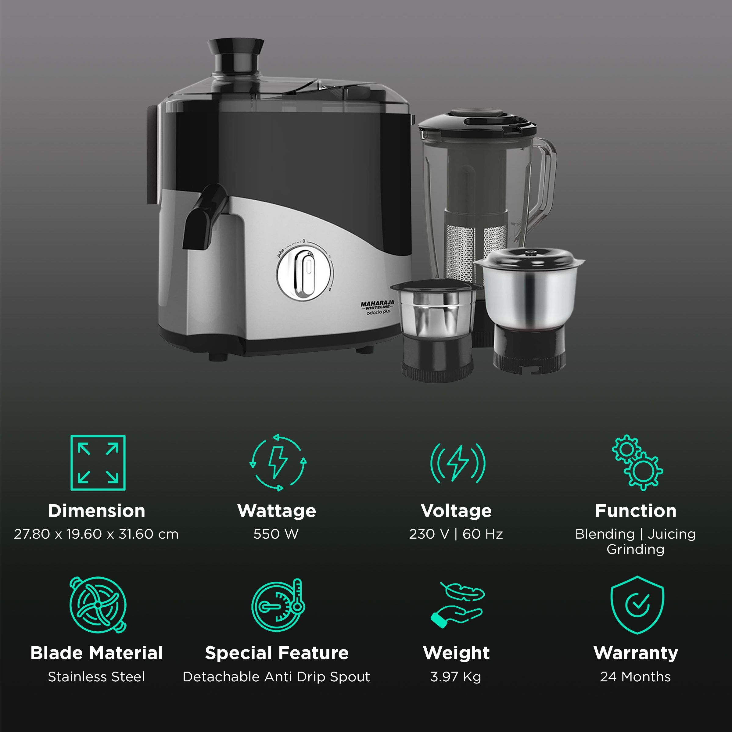 MAHARAJA WHITELINE Odacio Plus JX1-157 550 Watt 3 Jars Juicer Mixer Grinder (18000 RPM, Overload Protection, Black/Silver)_2