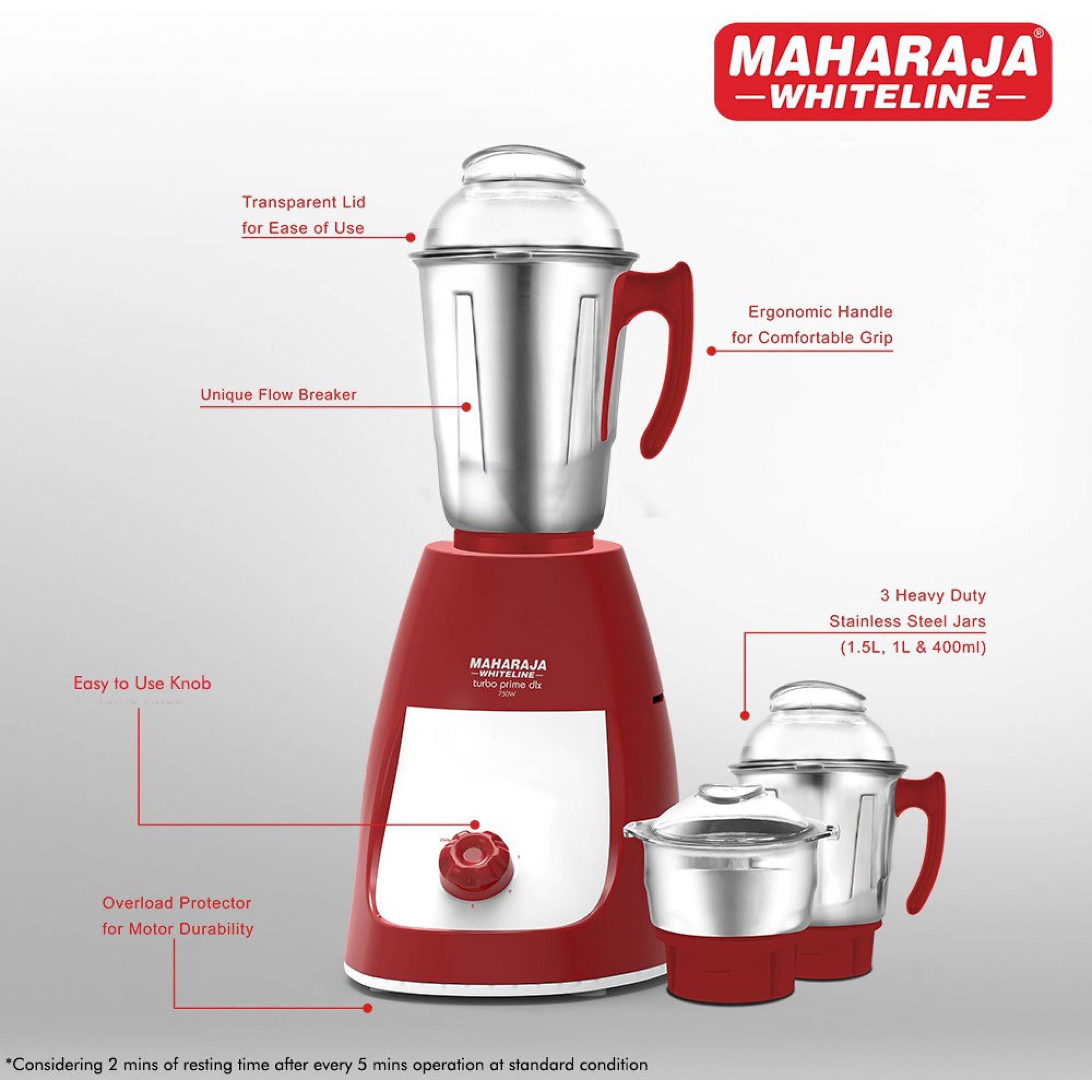 MAHARAJA WHITELINE Turbo Prime Dlx MX-231 750 Watt 3 Jars Mixer Grinder (20000 RPM, 5-in-1 Blades, Red/White)_8