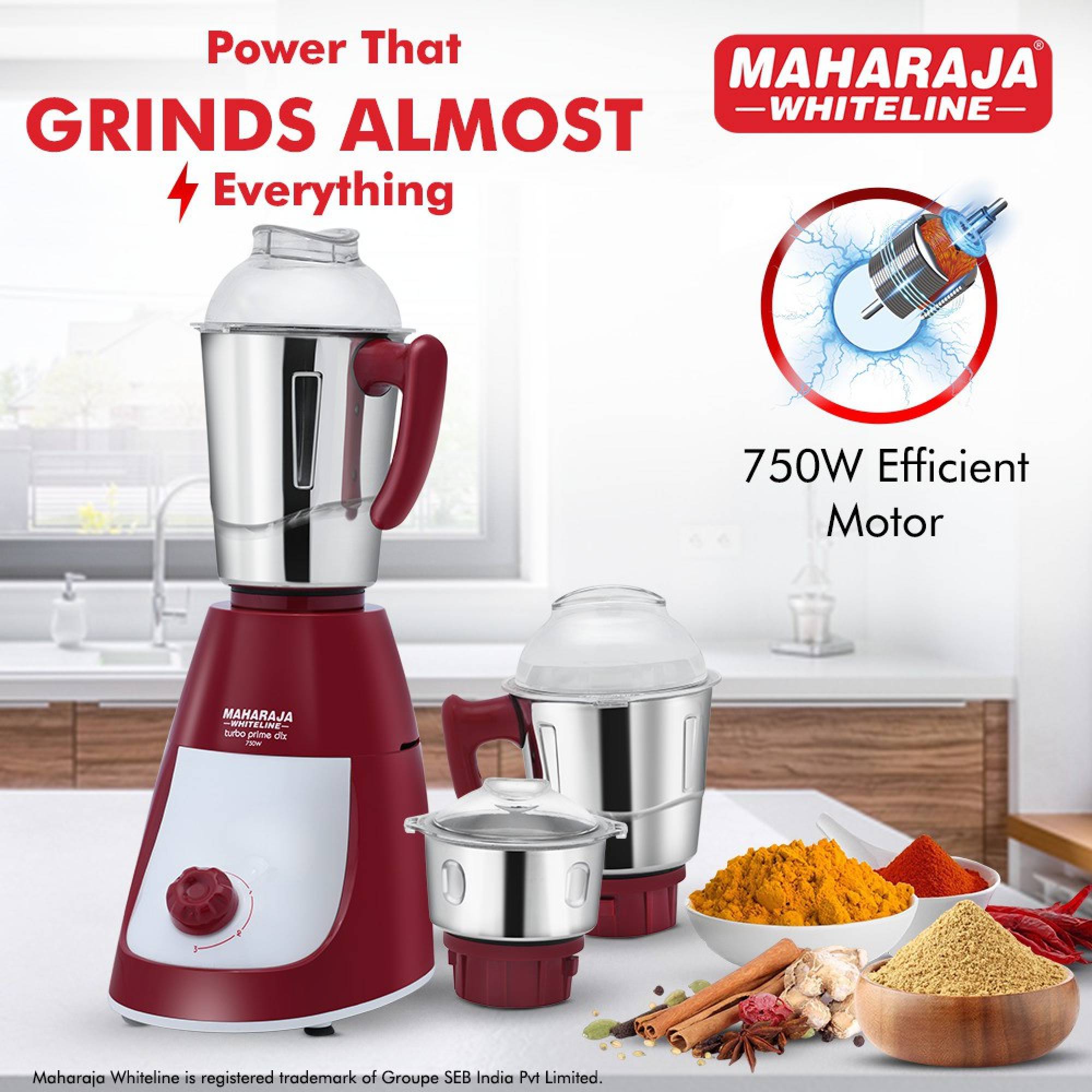 MAHARAJA WHITELINE Turbo Prime Dlx MX-231 750 Watt 3 Jars Mixer Grinder (20000 RPM, 5-in-1 Blades, Red/White)_12