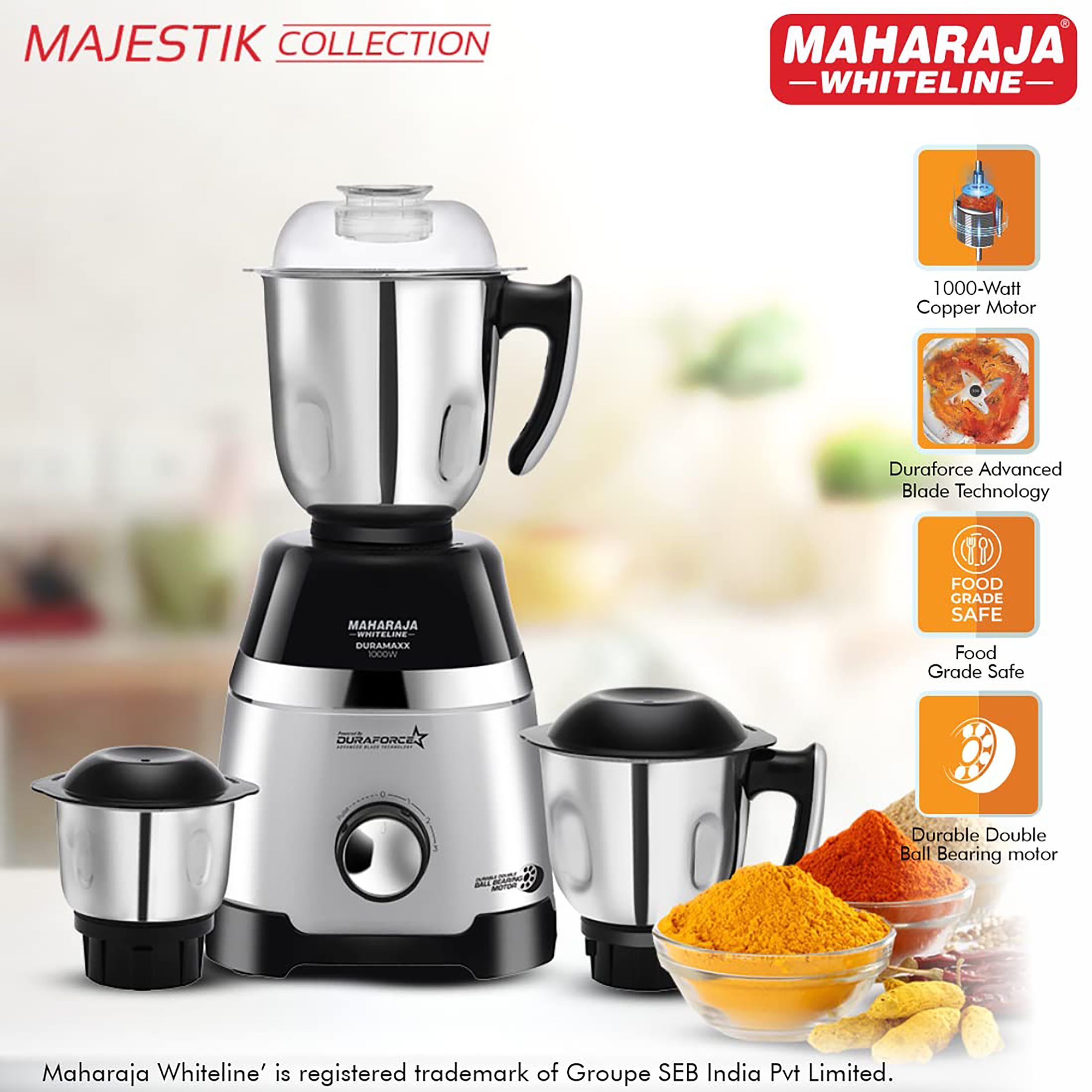MAHARAJA WHITELINE Duramaxx 1000 Watt 3 Jars Mixer Grinder (22000 RPM, Food Grade Safe, Black/Silver)_5