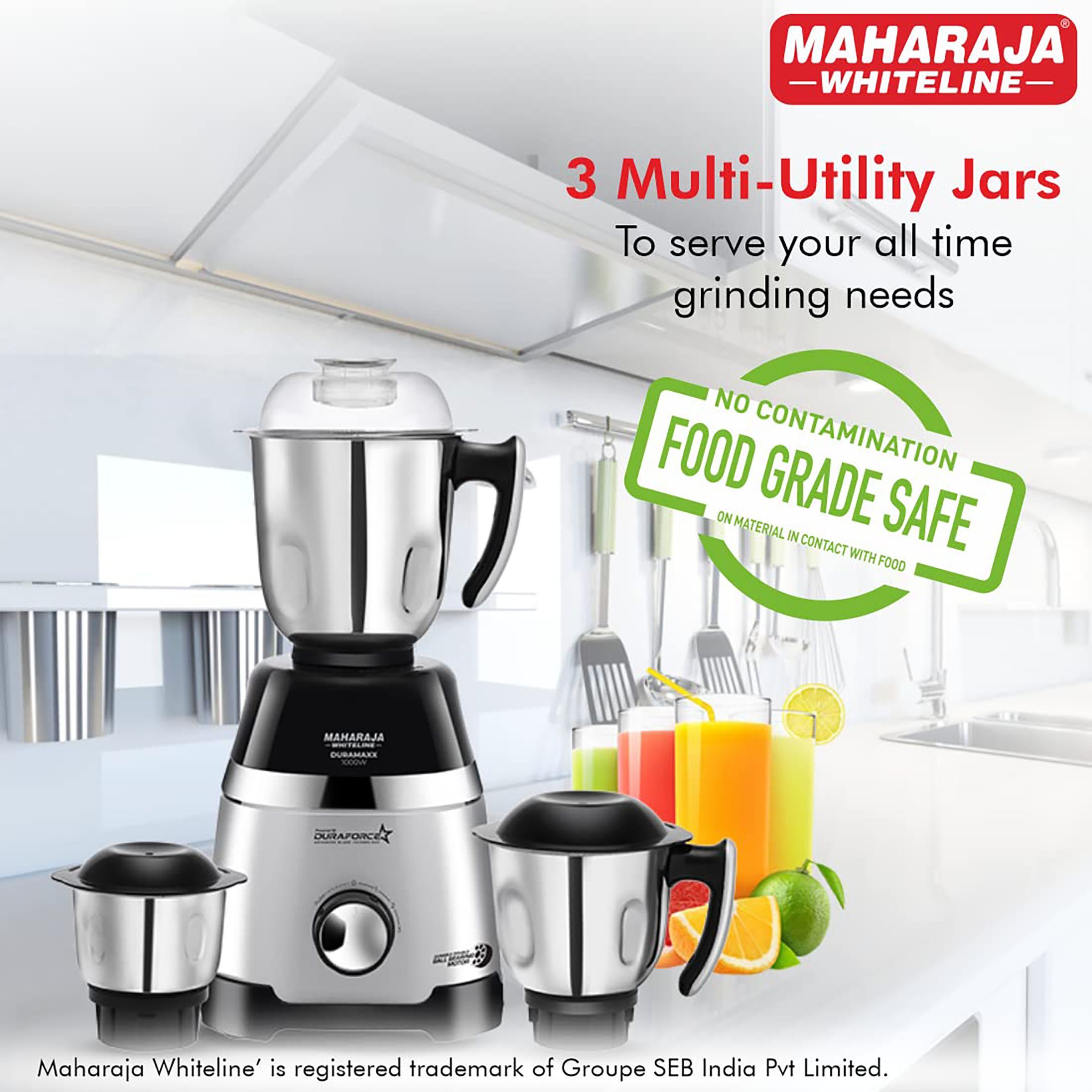 MAHARAJA WHITELINE Duramaxx 1000 Watt 3 Jars Mixer Grinder (22000 RPM, Food Grade Safe, Black/Silver)_8