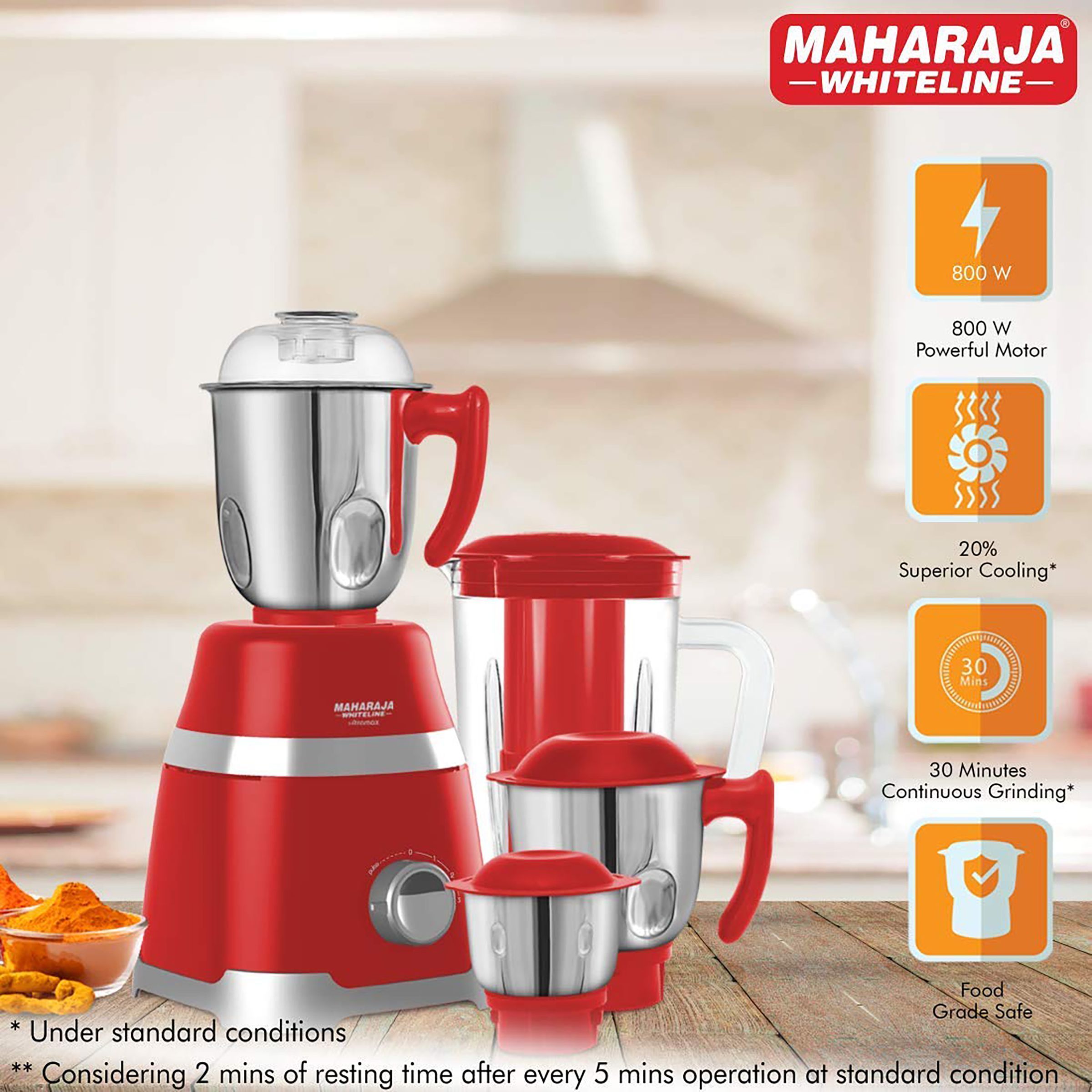 MAHARAJA WHITELINE Ultramax Elite MX-222 800 Watt 4 Jars Mixer Grinder (22000 RPM, 5-in-1 Blades, Red)_7