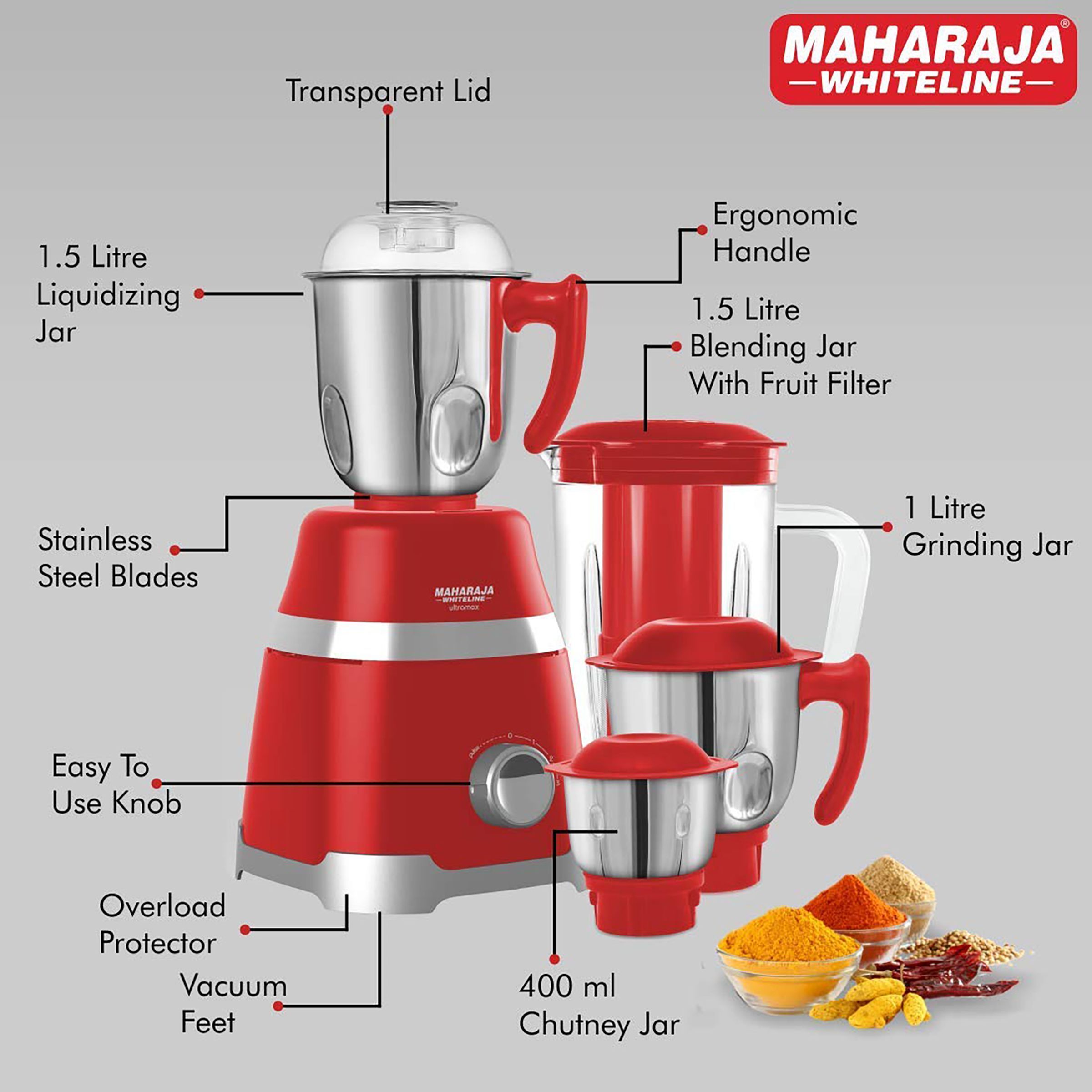 MAHARAJA WHITELINE Ultramax Elite MX-222 800 Watt 4 Jars Mixer Grinder (22000 RPM, 5-in-1 Blades, Red)_10