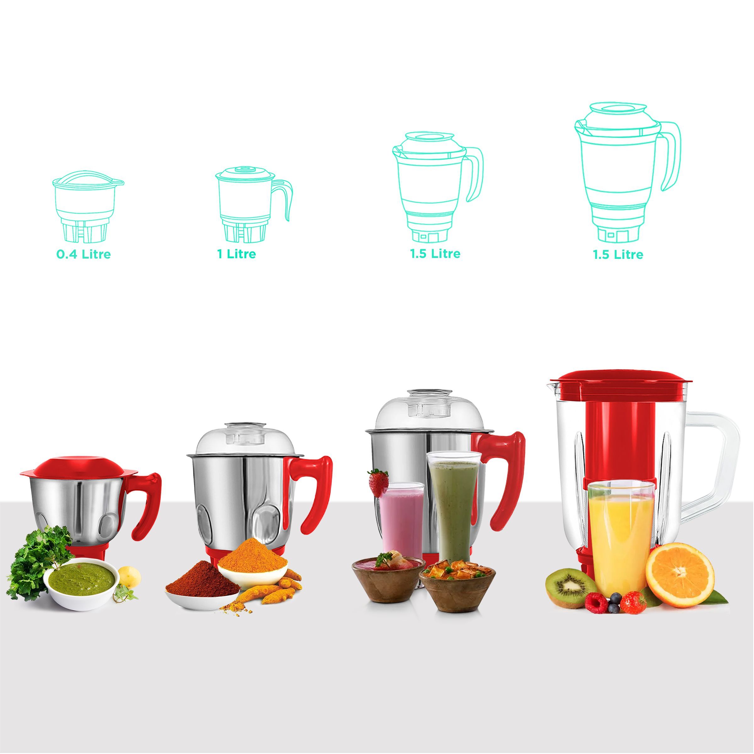 MAHARAJA WHITELINE Ultramax Elite MX-222 800 Watt 4 Jars Mixer Grinder (22000 RPM, 5-in-1 Blades, Red)_4