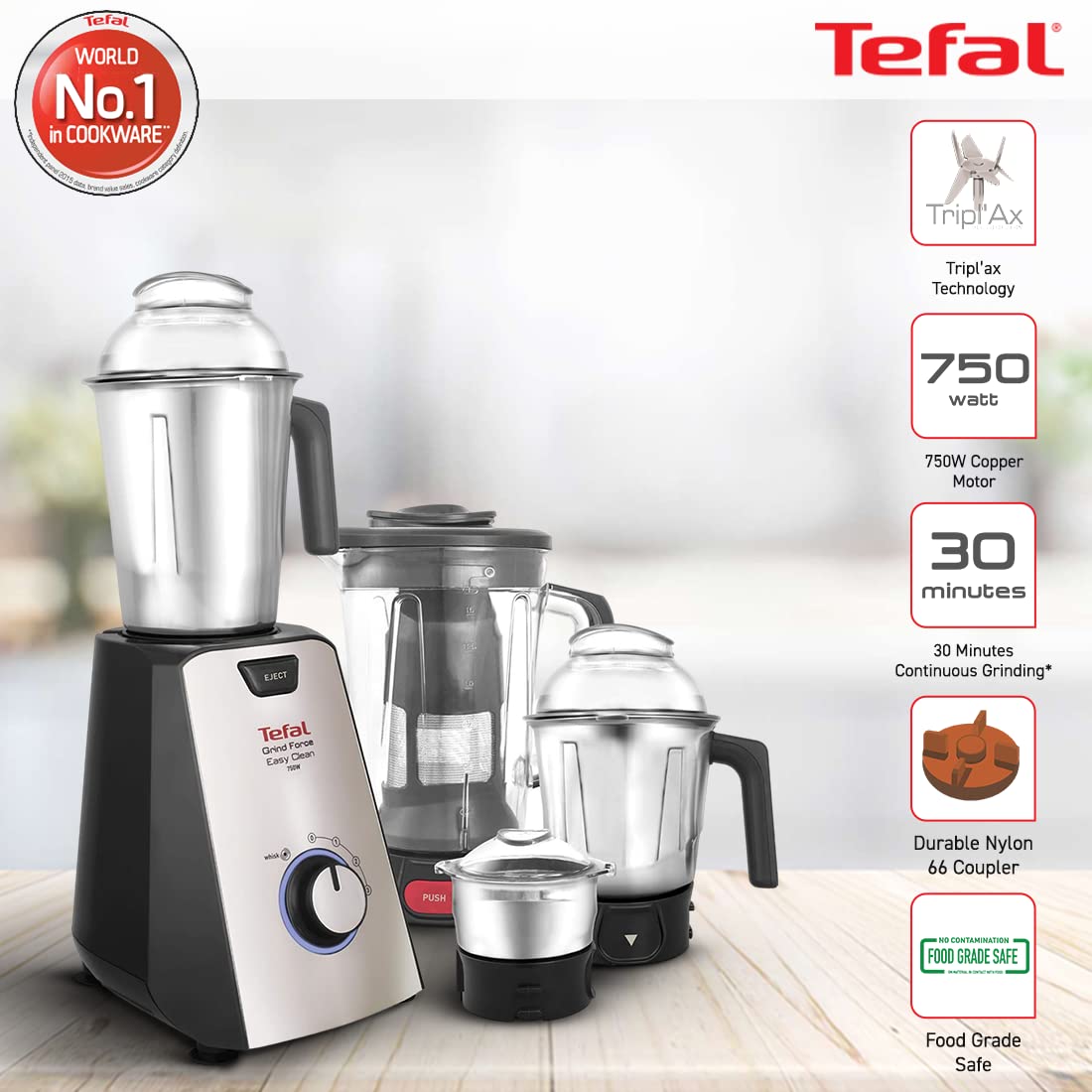 Tefal Grindforce Easyclean 750 Watt 4 Jars Mixer Grinder (18000 RPM, Tripl'Ax Blades Technology, Black/Silver)_14