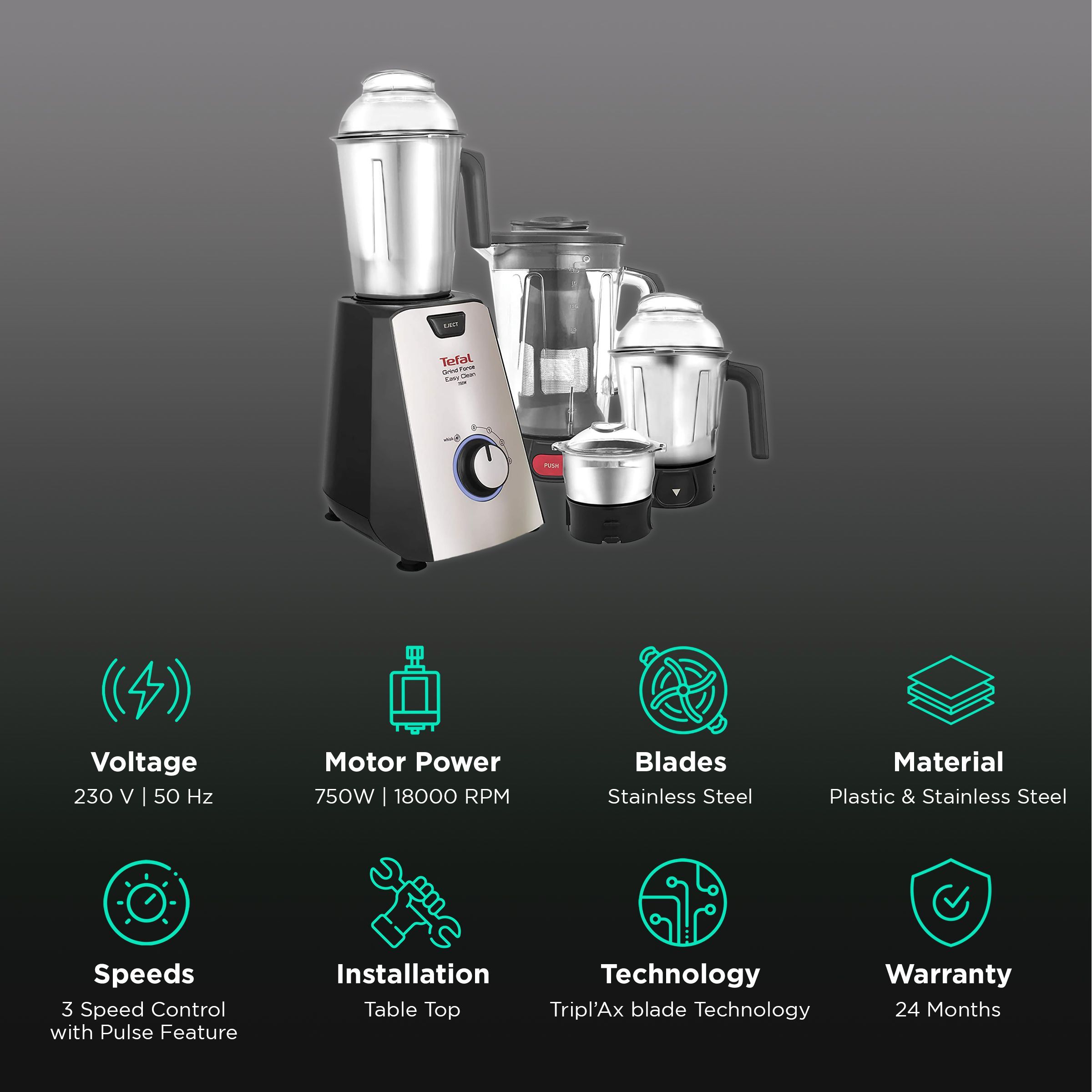 Tefal Grindforce Easyclean 750 Watt 4 Jars Mixer Grinder (18000 RPM, Tripl'Ax Blades Technology, Black/Silver)_2