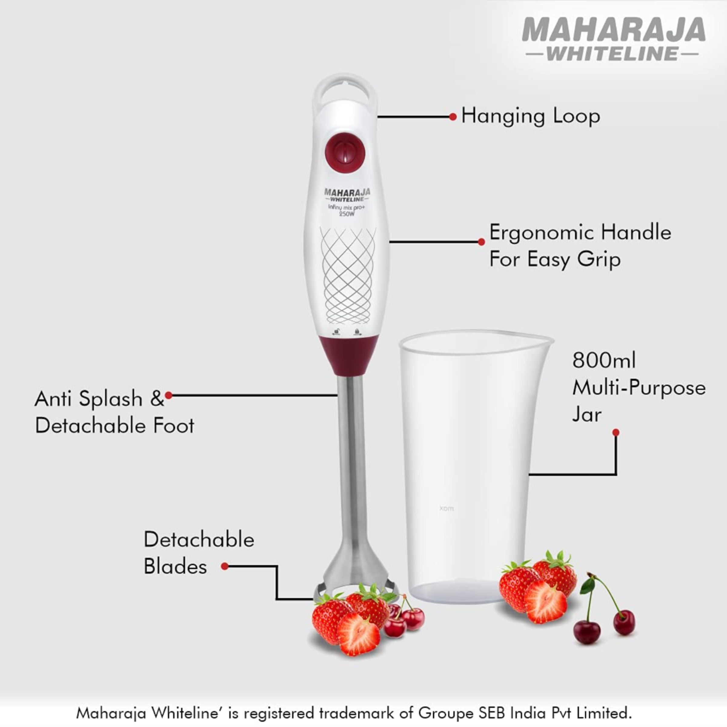 MAHARAJA WHITELINE Infiny Mix Pro+ 250 Watt Hand Blender with 3 Attachments (Ergonomic Handle, Red/White)_11