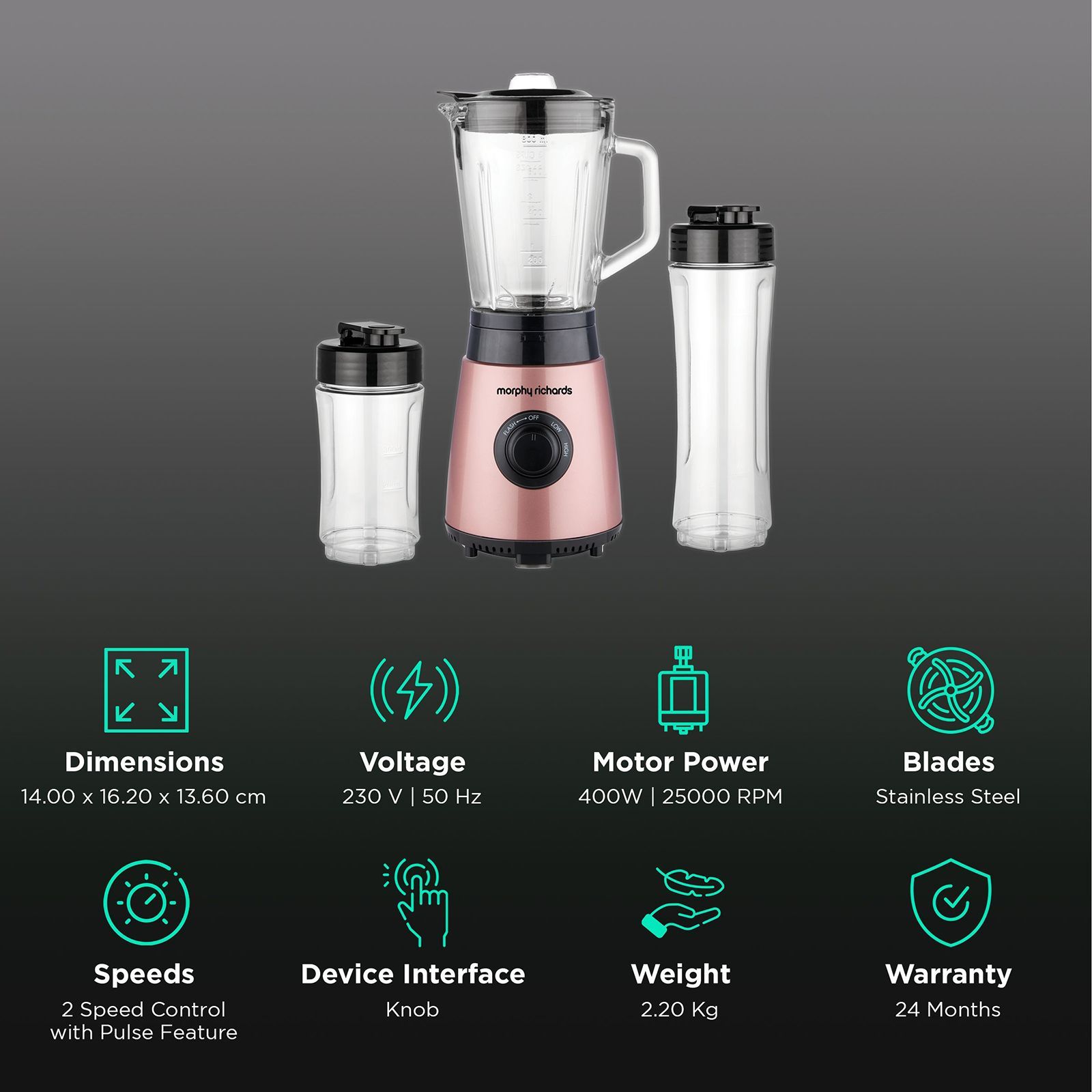morphy richards Blendexpert 400 Watt 3 Jars Blender (25000 RPM, Powerful Copper Motor, Rose Gold)_2