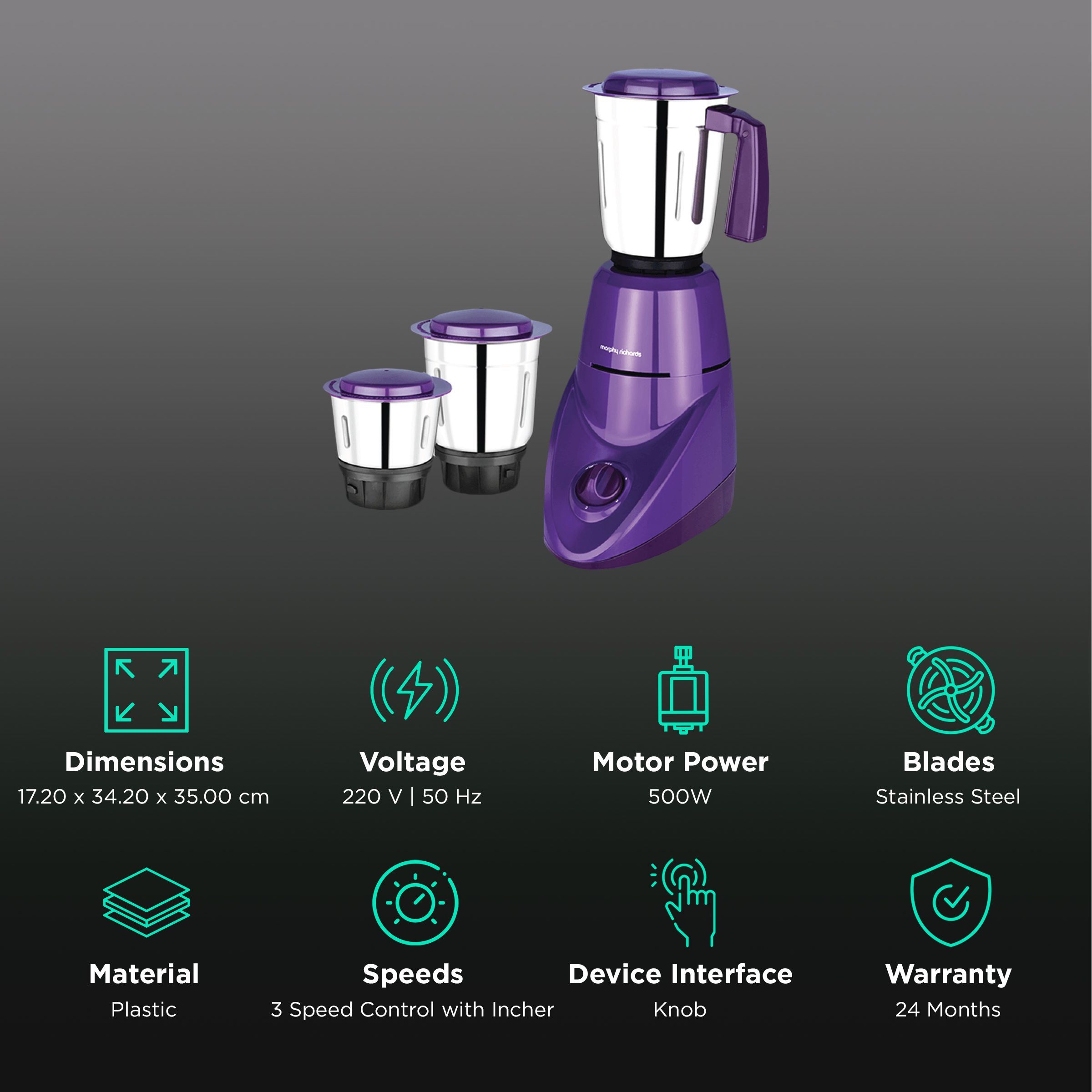 Morphy Richards Aero Pro 500 Watt 3 Jars Mixer Grinder (2000 RPM, Overload Protection, Purple)_2