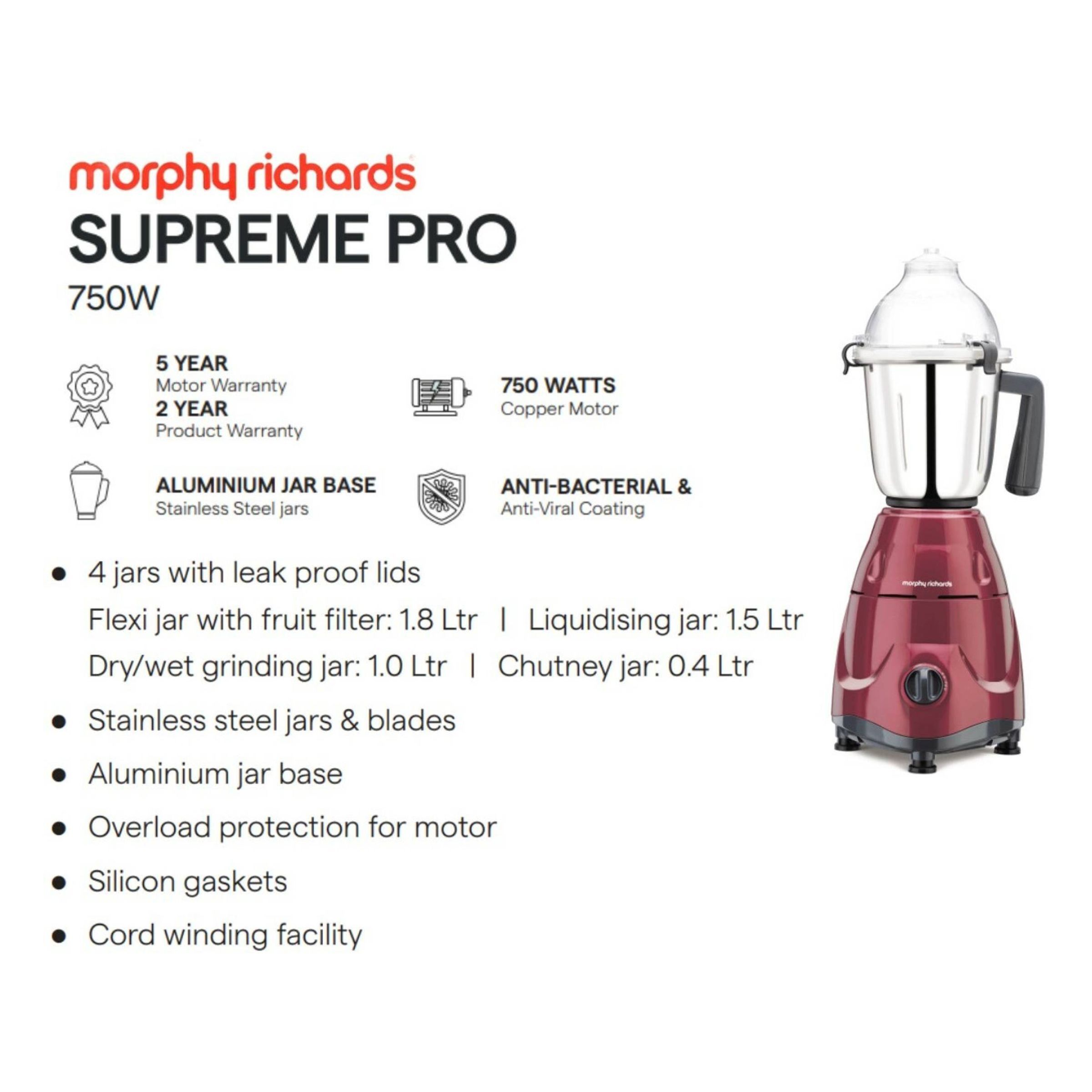 Morphy Richards Supreme Pro 750 Watt 4 Jars Mixer Grinder (Overload Protection, Metallic Wine Red)_7