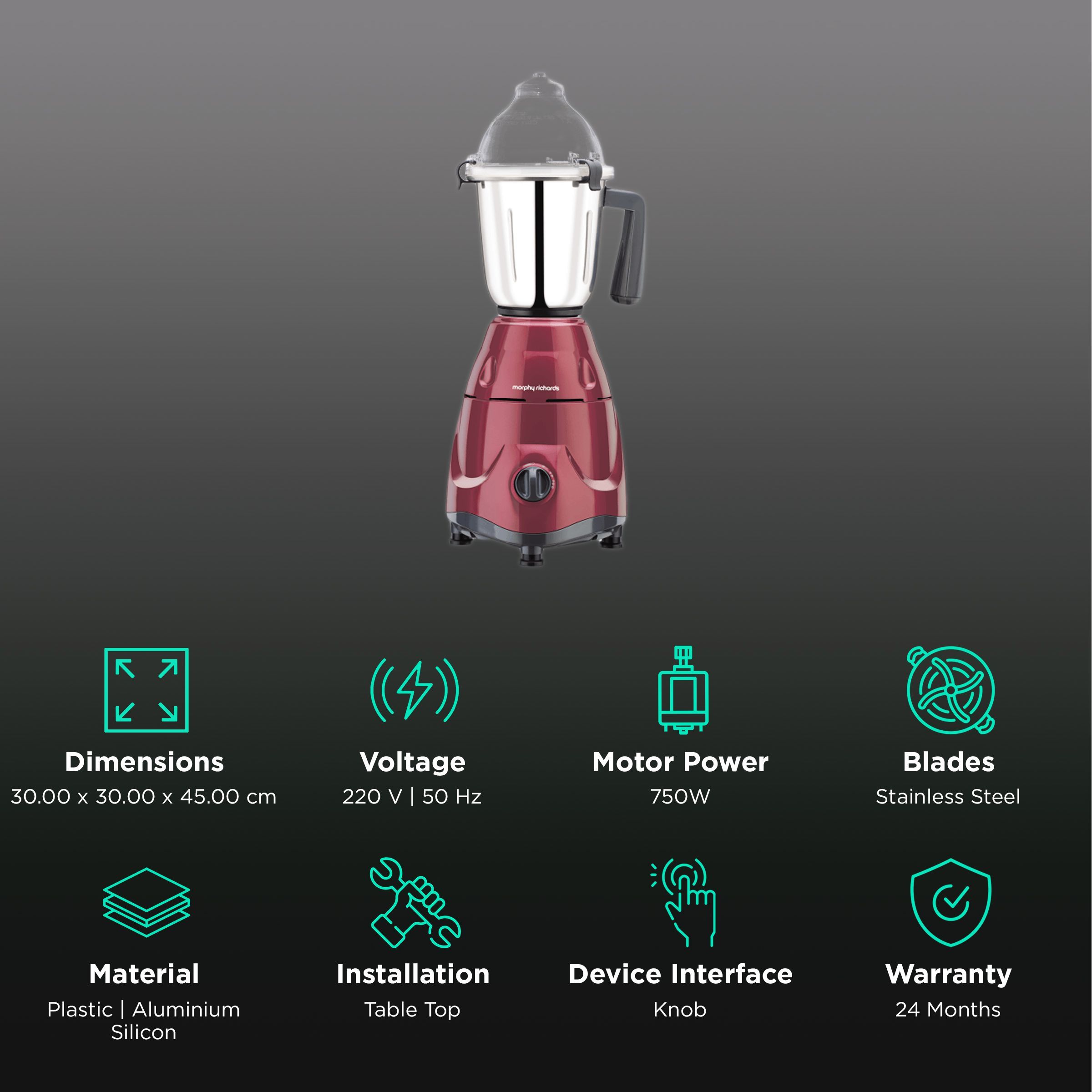 Morphy Richards Supreme Pro 750 Watt 4 Jars Mixer Grinder (Overload Protection, Metallic Wine Red)_2