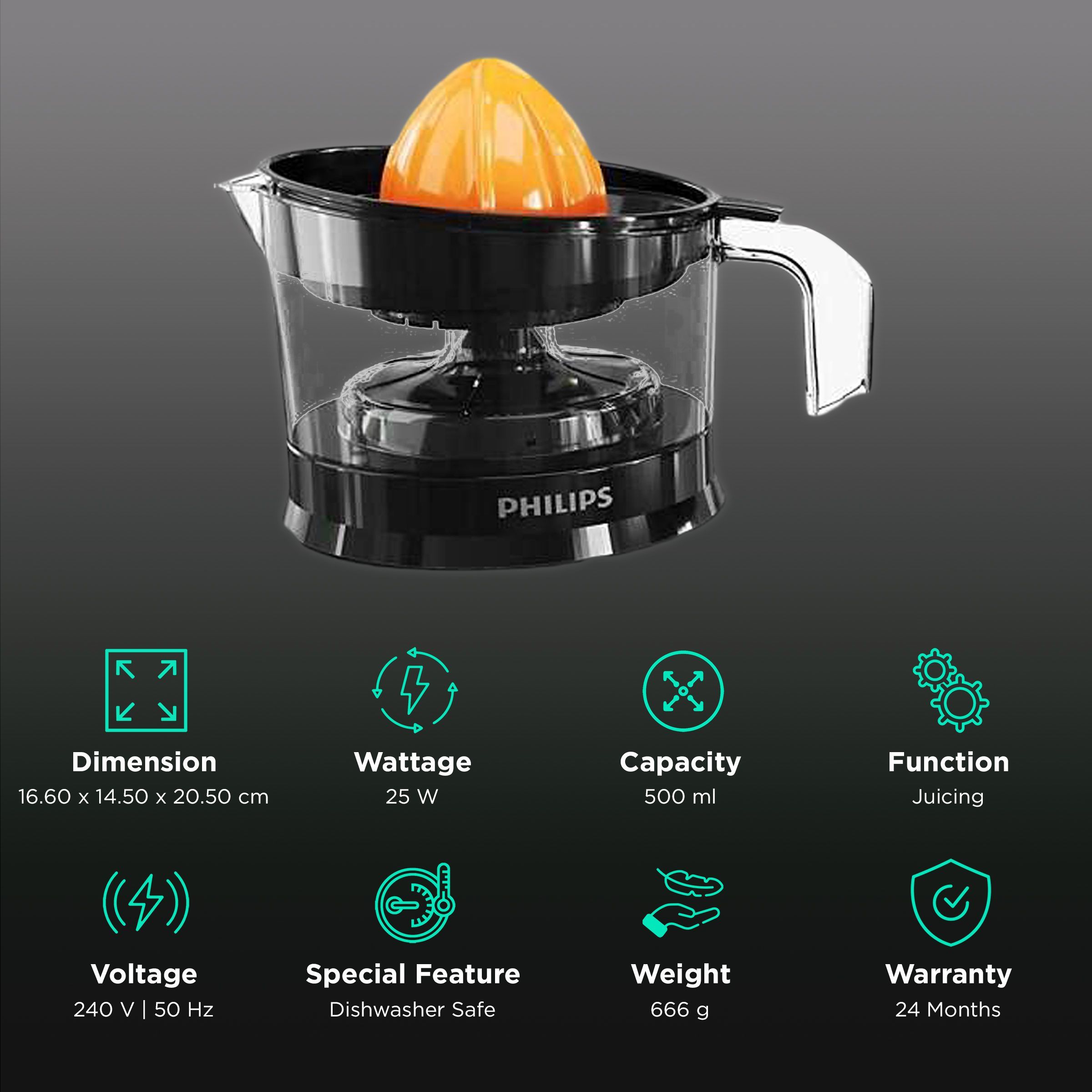 PHILIPS Daily Collection 25 Watt 1 Jar Citrus Press Juicer (2 Way Rotation, Black/Orange)_2