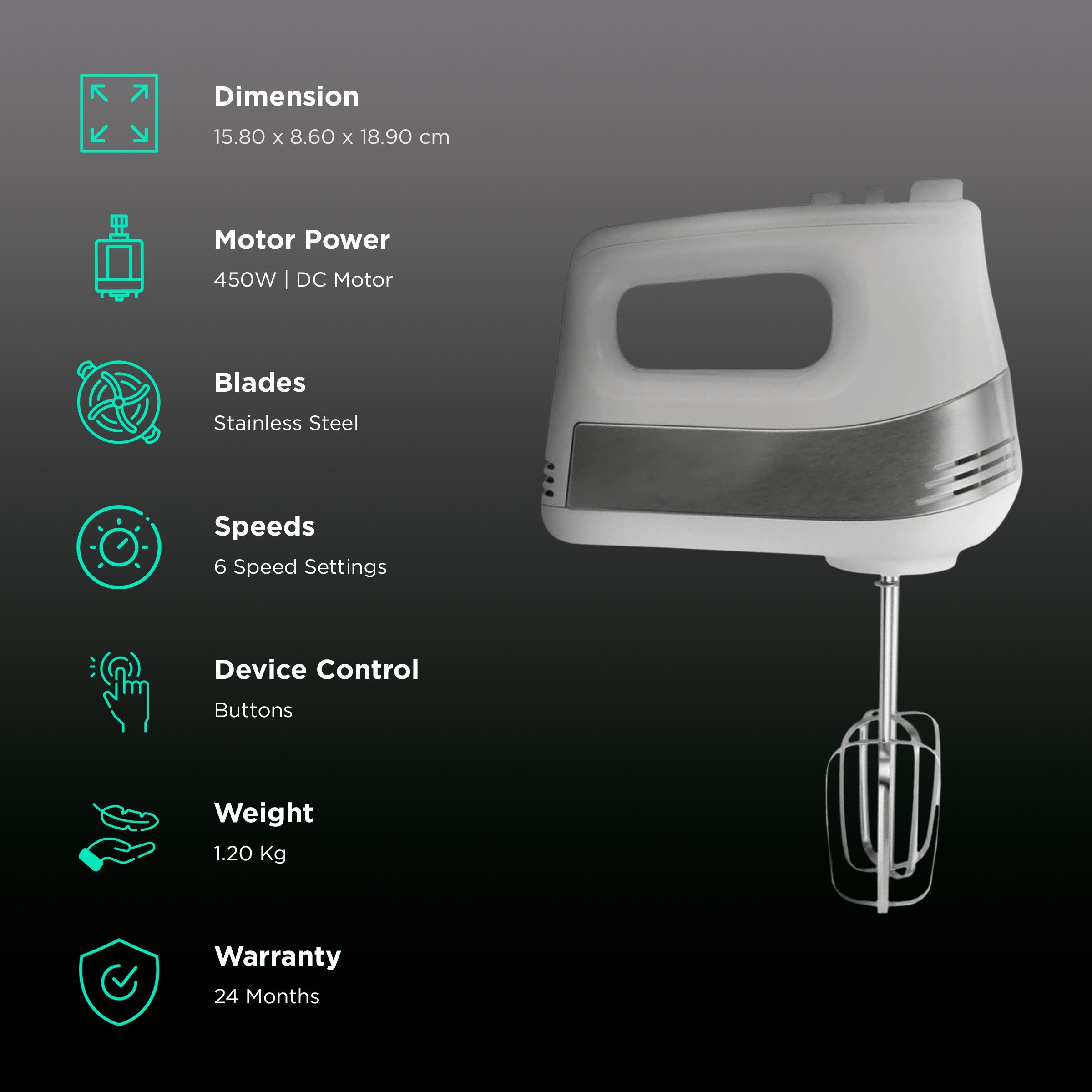 SHARP 450 Watt 6 Speed Hand Blender with 4 Attachments (High Power DC Motor, White)_2