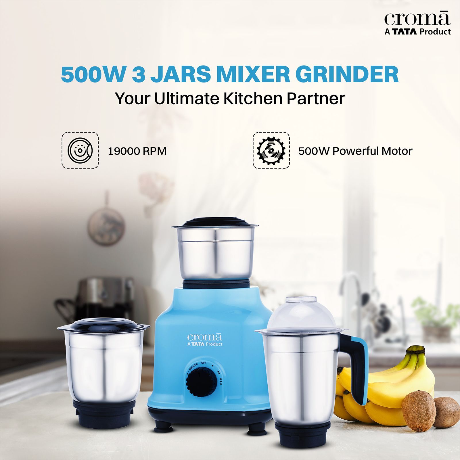 Croma 500 Watt 3 Jars Mixer Grinder (19000 RPM, Shock Proof Body, Blue)_8