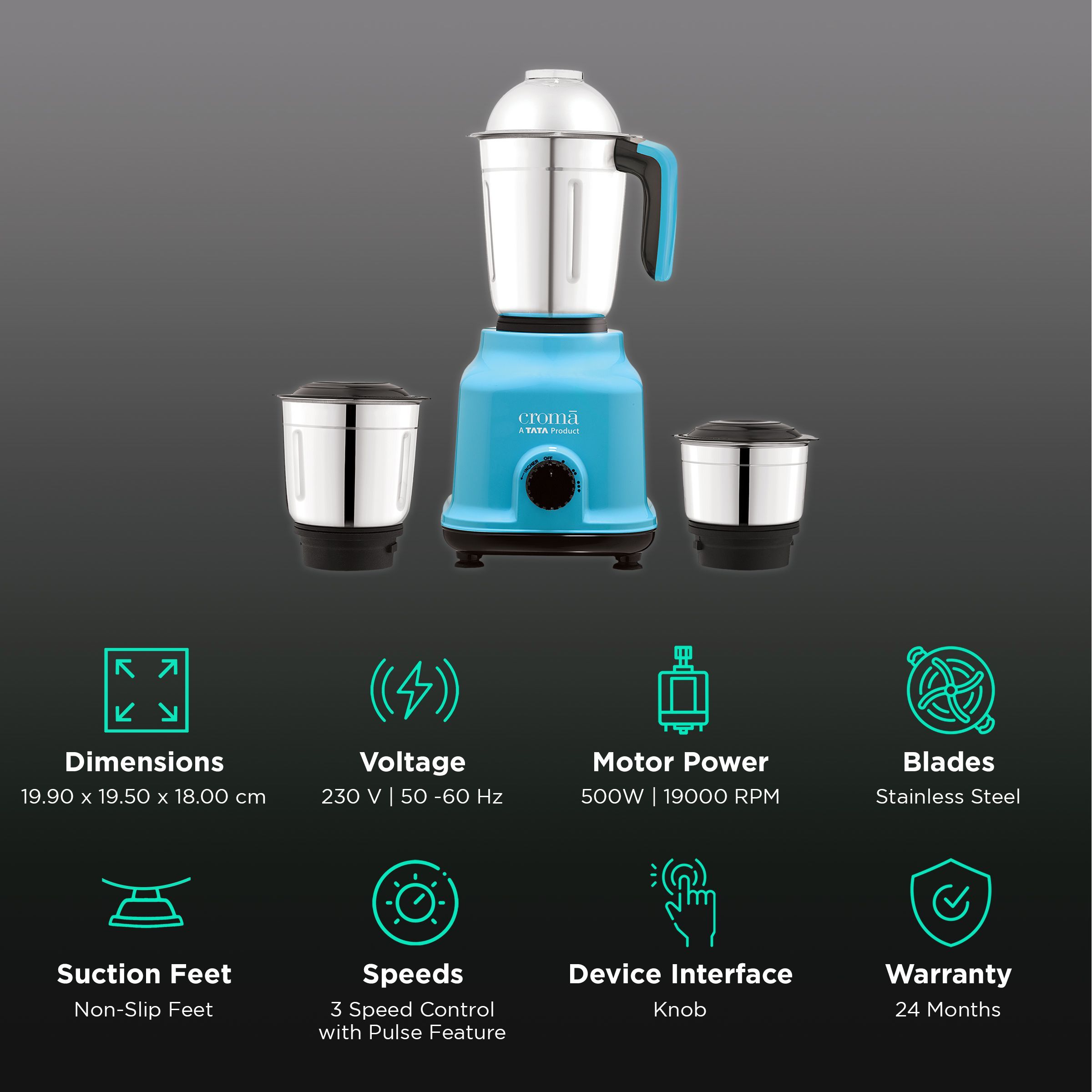 Croma 500 Watt 3 Jars Mixer Grinder (19000 RPM, Shock Proof Body, Blue)_2