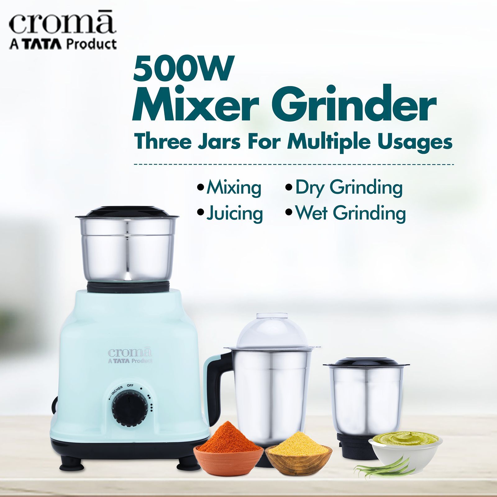 Croma 500 Watt 3 Jars Mixer Grinder (19000 RPM, Shock Proof Body, Green)_5
