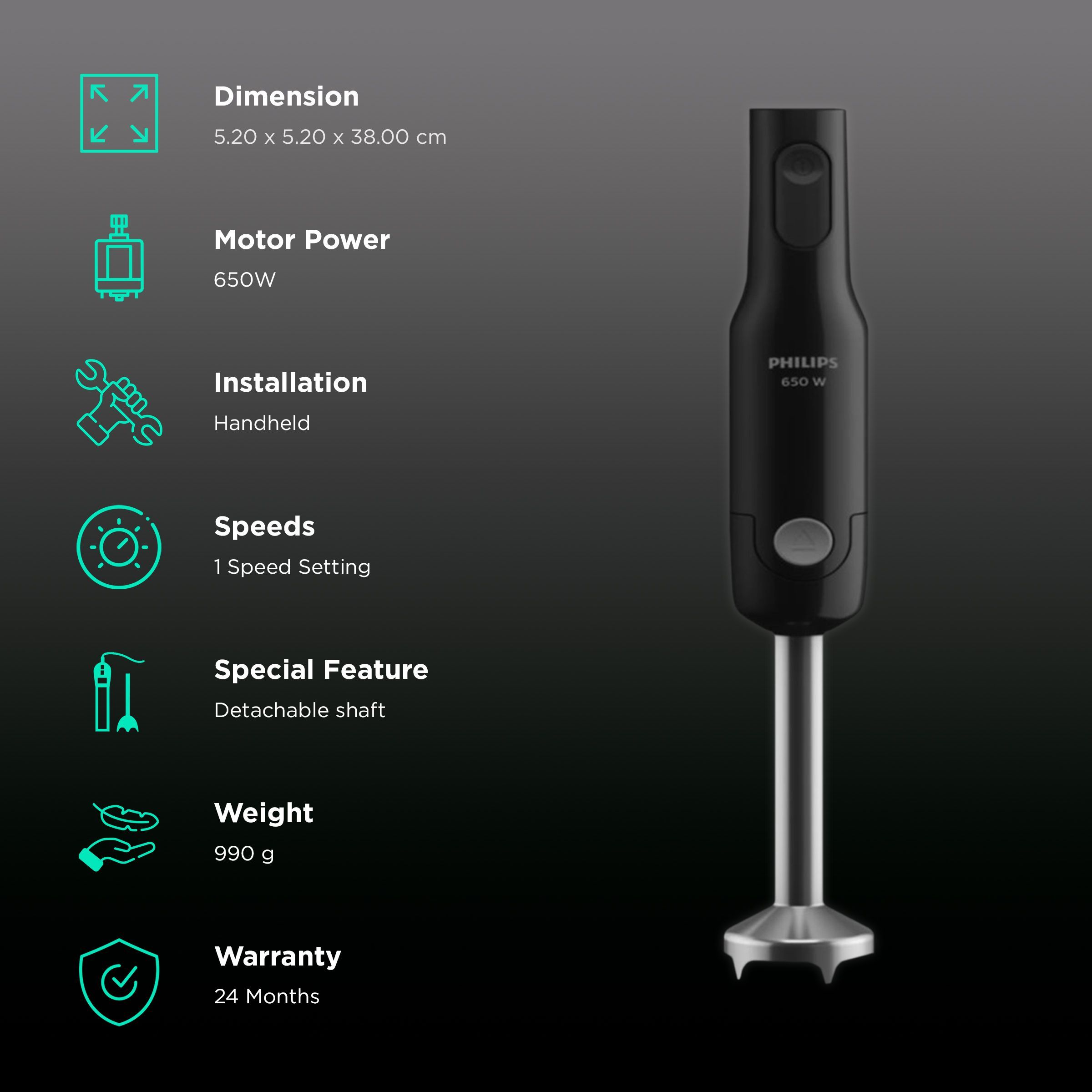 PHILIPS Daily Collection 650 Watt Hand Blender with 2 Attachments (Detachable Shaft, Black)_2