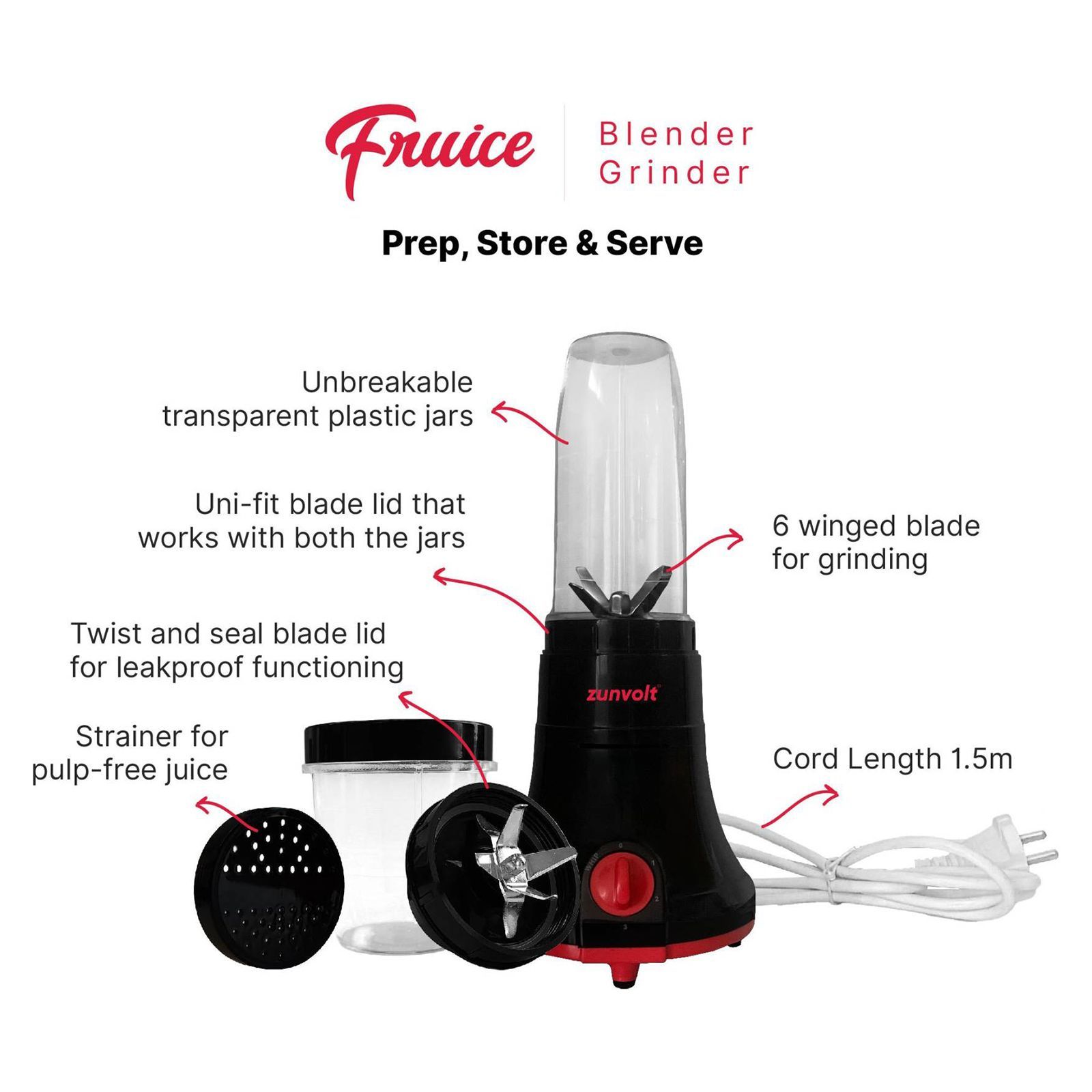 zunvolt Fruice 400 Watt 2 Jars Juicer Blender Grinder (18000 RPM, Shock Proof Body, Red/Black)_6