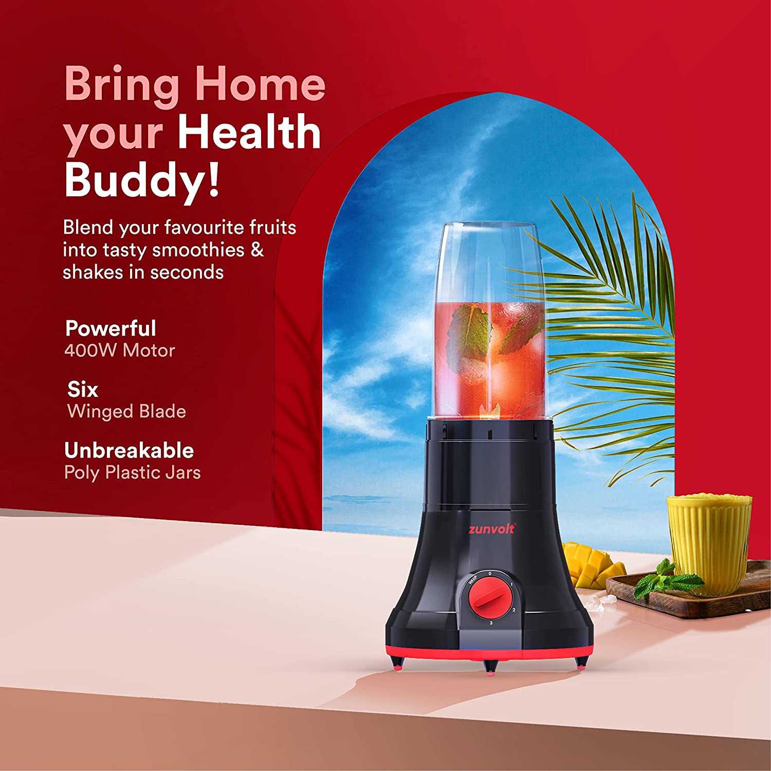 zunvolt Fruice 400 Watt 2 Jars Juicer Blender Grinder (18000 RPM, Shock Proof Body, Red/Black)_8