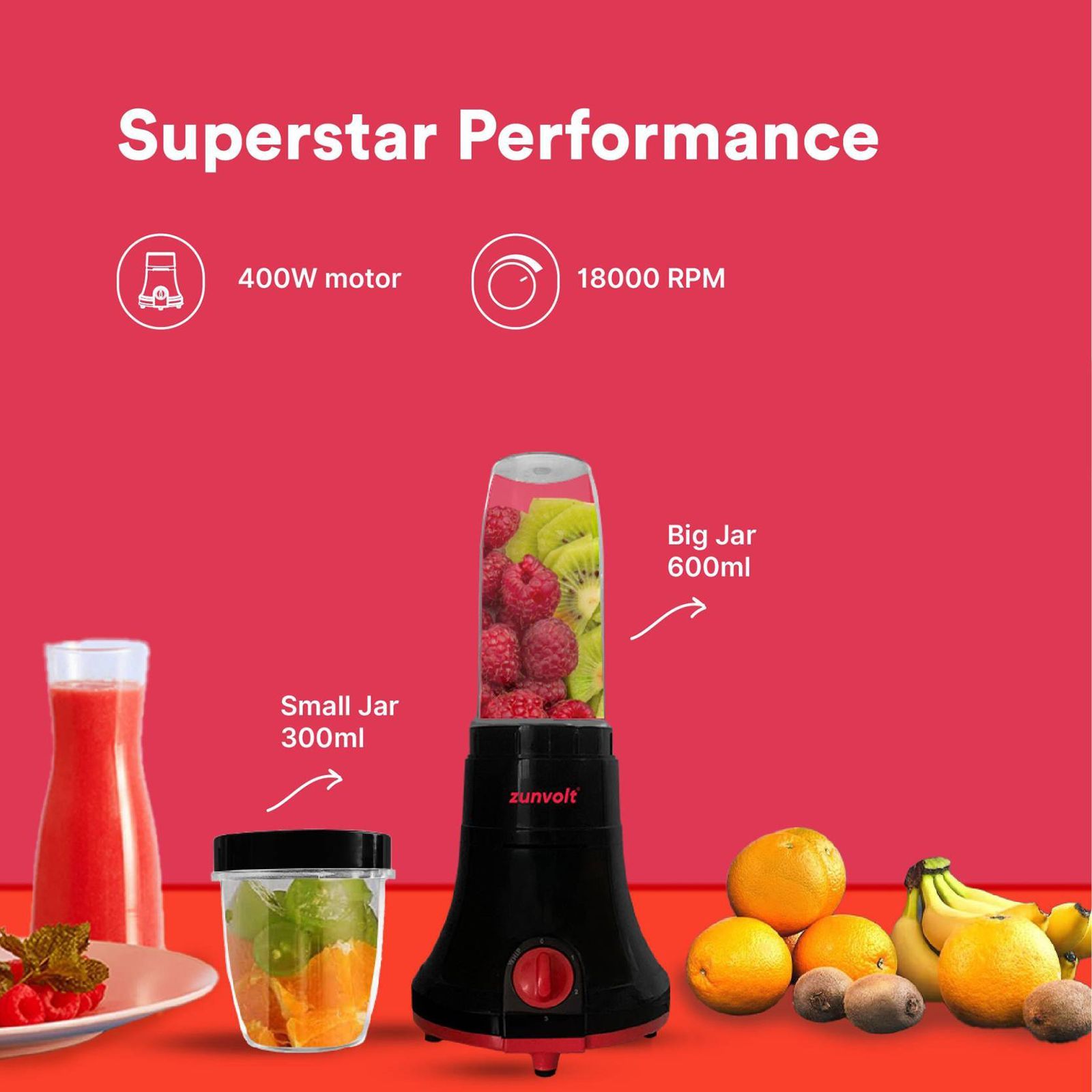 zunvolt Fruice 400 Watt 2 Jars Juicer Blender Grinder (18000 RPM, Shock Proof Body, Red/Black)_10