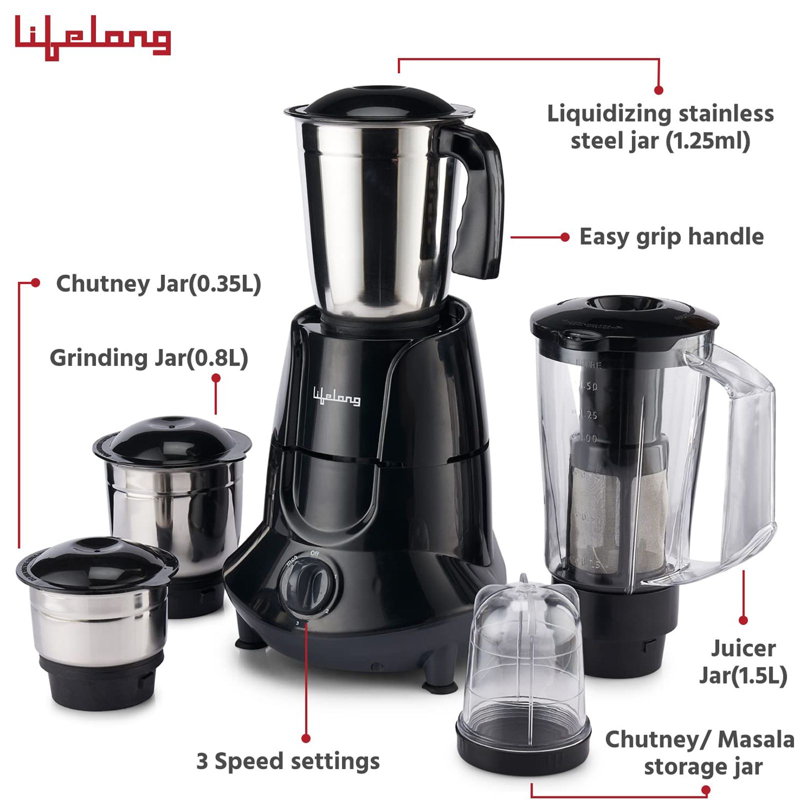 Lifelong 750 Watt 5 Jars Juicer Mixer Grinder (18500 RPM, Overload Protection, Black)_4