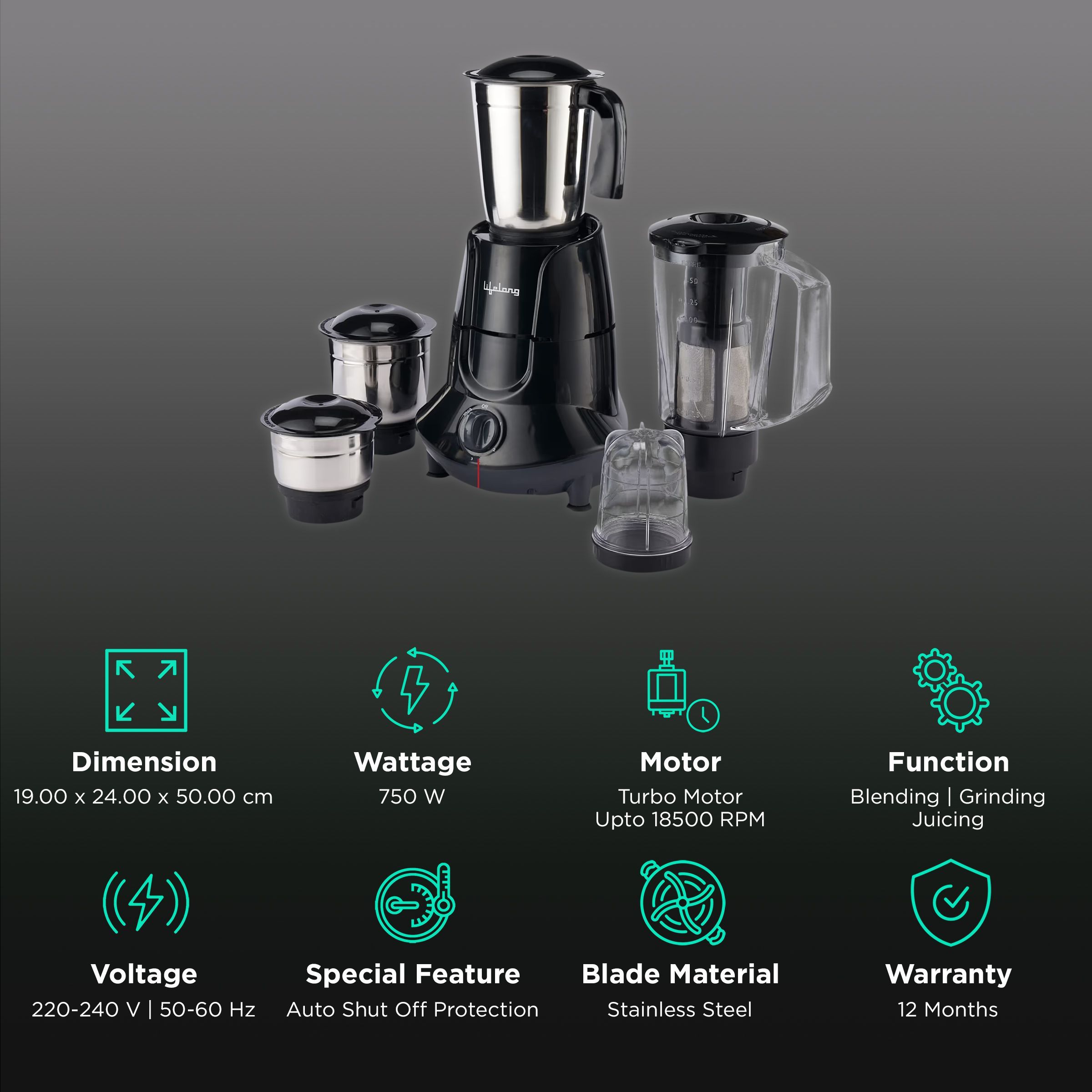 Lifelong 750 Watt 5 Jars Juicer Mixer Grinder (18500 RPM, Overload Protection, Black)_2