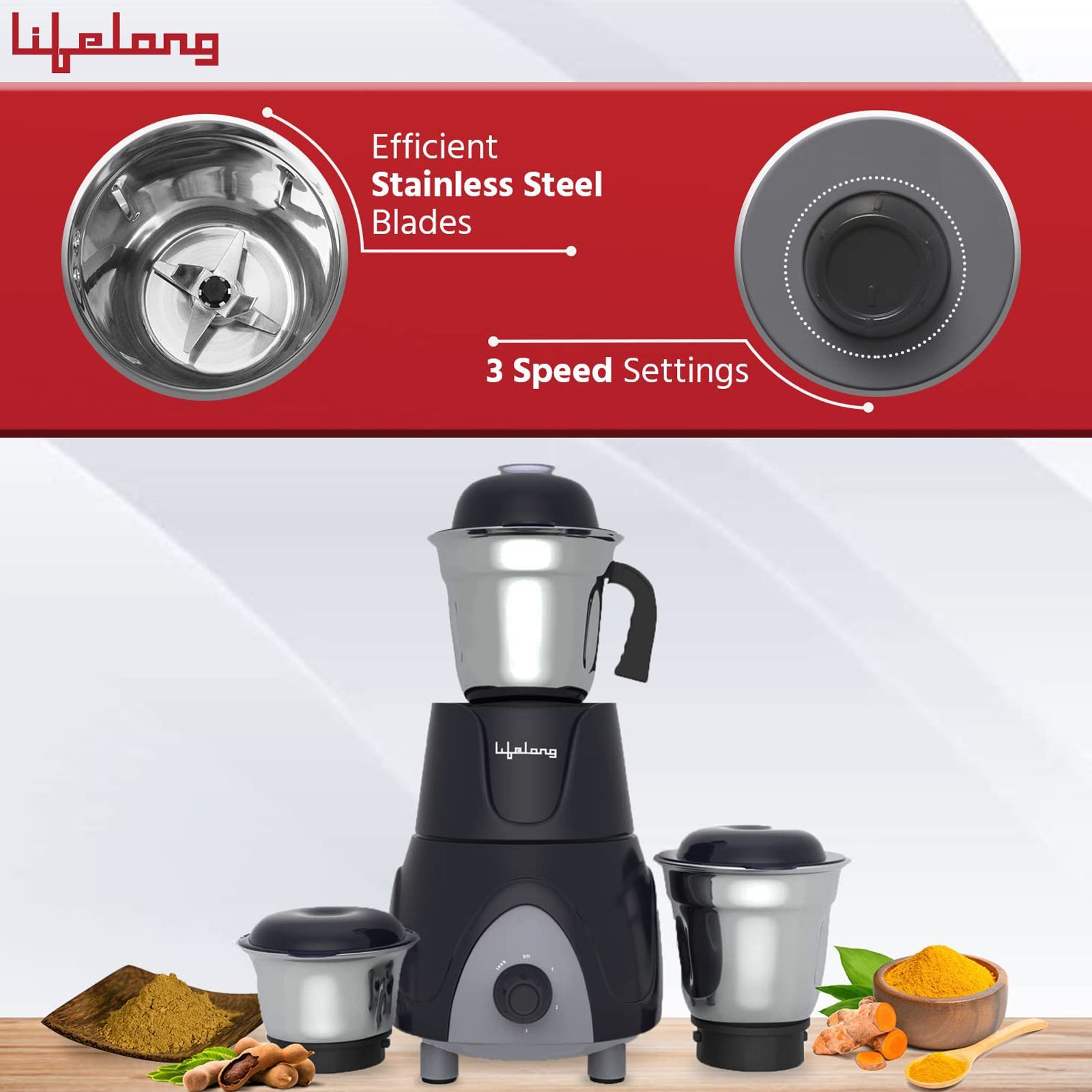Lifelong 750 Watt 3 Jars Mixer Grinder (18000 RPM, Overload Protection, Grey) Lifelong 750 Watt 3 Jars Mixer Grinder (18000 RPM, Overload Protection, Grey)_9
