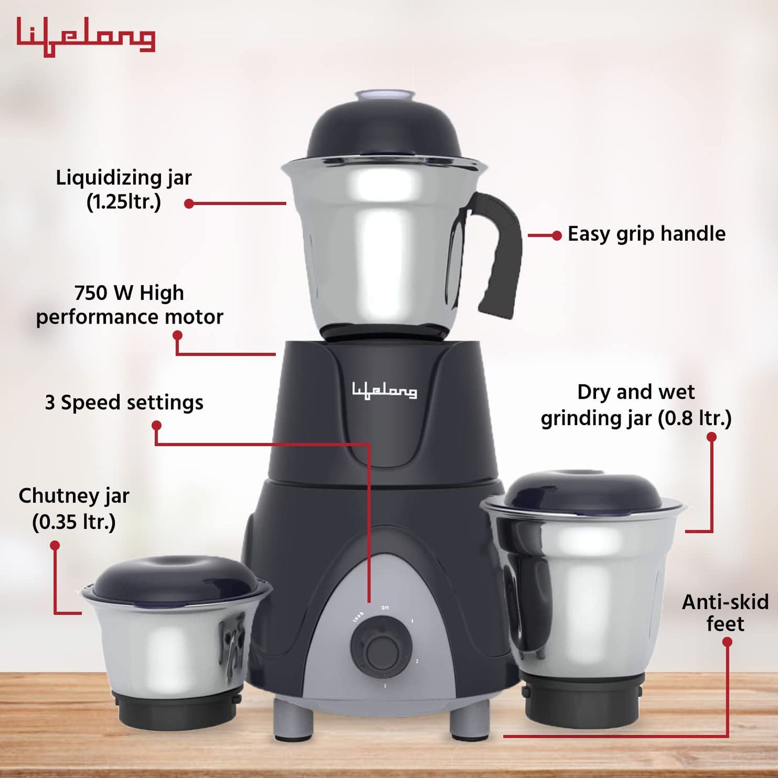Lifelong 750 Watt 3 Jars Mixer Grinder (18000 RPM, Overload Protection, Grey) Lifelong 750 Watt 3 Jars Mixer Grinder (18000 RPM, Overload Protection, Grey)_10