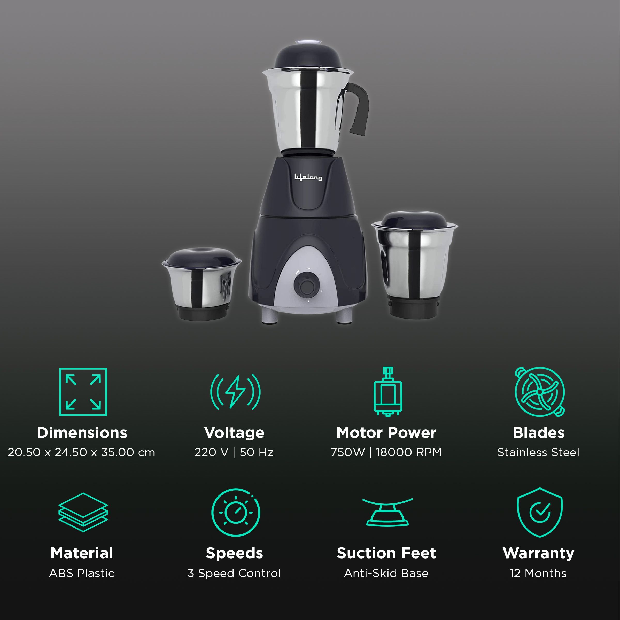 Lifelong 750 Watt 3 Jars Mixer Grinder (18000 RPM, Overload Protection, Grey) Lifelong 750 Watt 3 Jars Mixer Grinder (18000 RPM, Overload Protection, Grey)_2