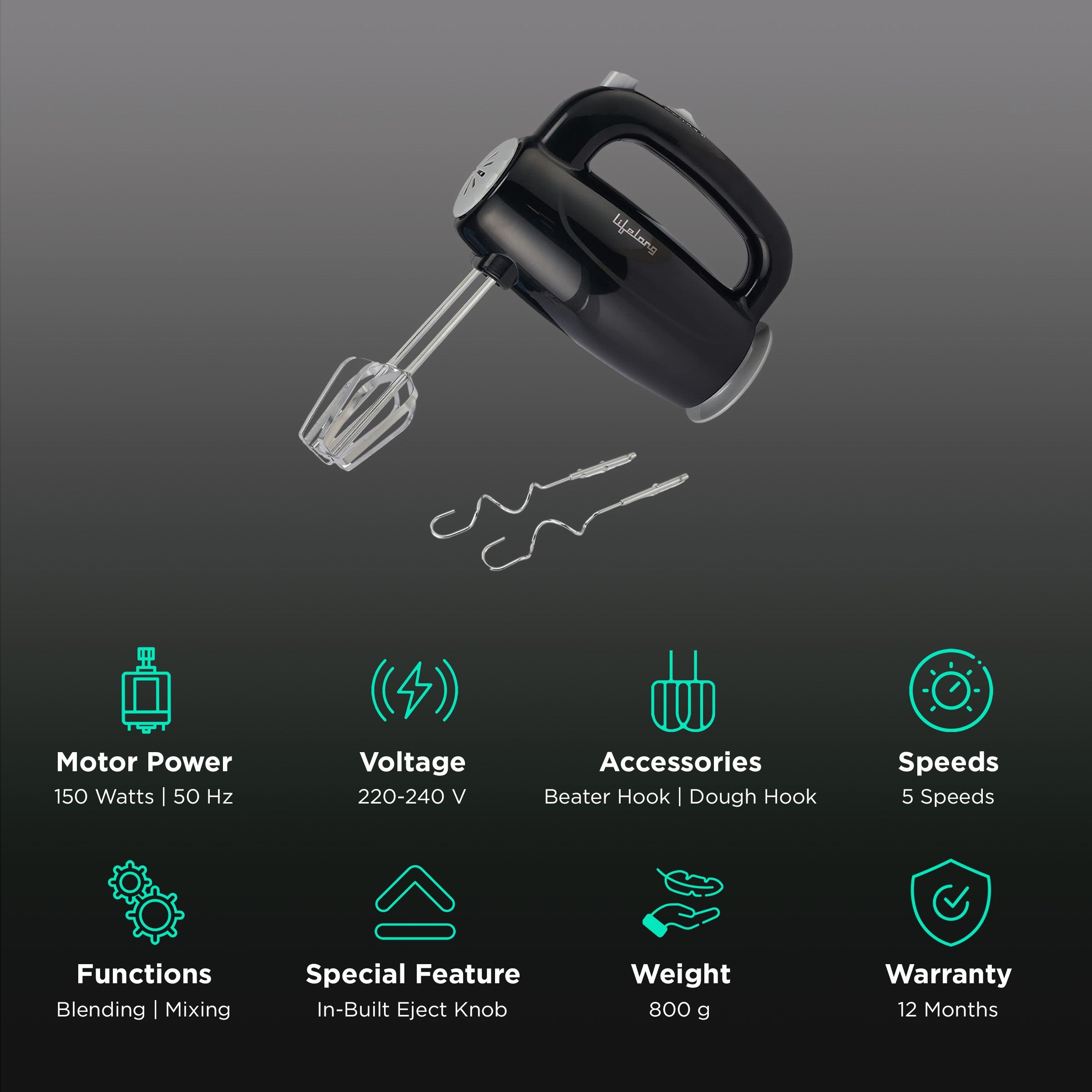 Lifelong Regalia 150 Watt 5 Speed Hand Mixer with 4 Attachments (Overheating Protection, Black) Lifelong Regalia 150 Watt 5 Speed Hand Mixer with 4 Attachments (Overheating Protection, Black)_2