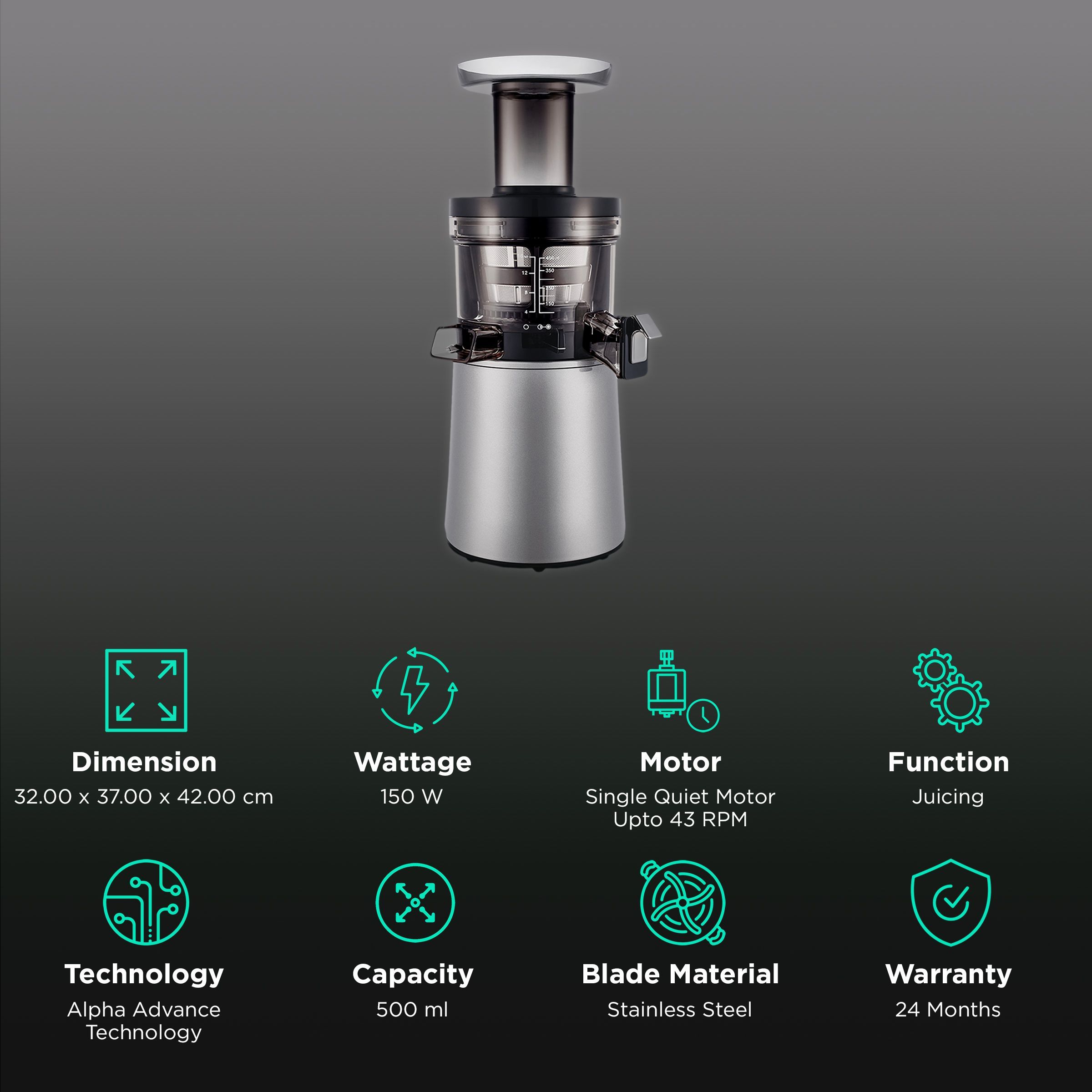 Hurom Classic Series 150 Watt Cold Press Juicer (43 RPM, Slow Squeeze Technology, Midnight Blue)_2