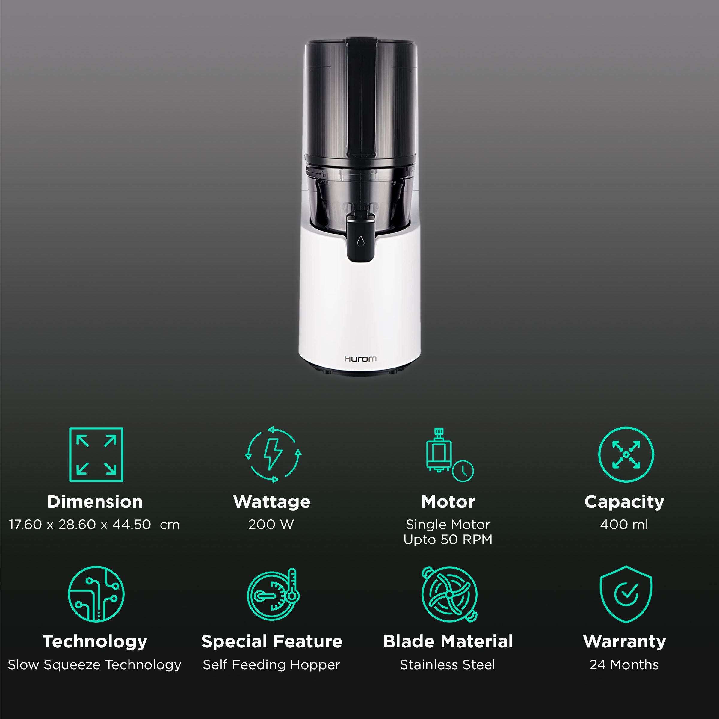 Hurom Premium Series 200 Watt Cold Press Juicer (50 RPM, Self-Feeding Hopper, Matte White) Hurom Premium Series 200 Watt Cold Press Juicer (50 RPM, Self-Feeding Hopper, Matte White)_2