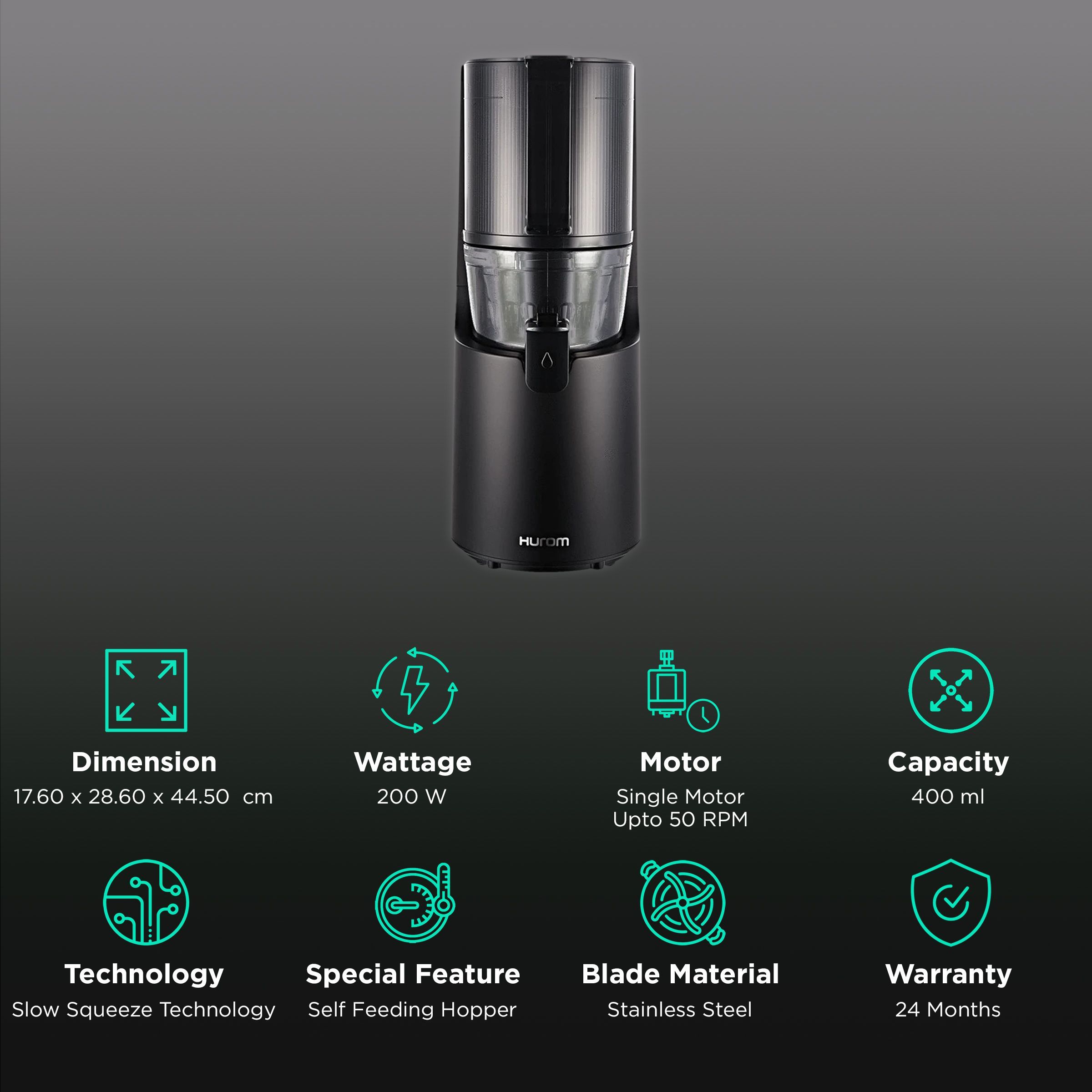 Hurom Premium Series 200 Watt Cold Press Juicer (50 RPM, Self-Feeding Hopper, Matte Black)_2