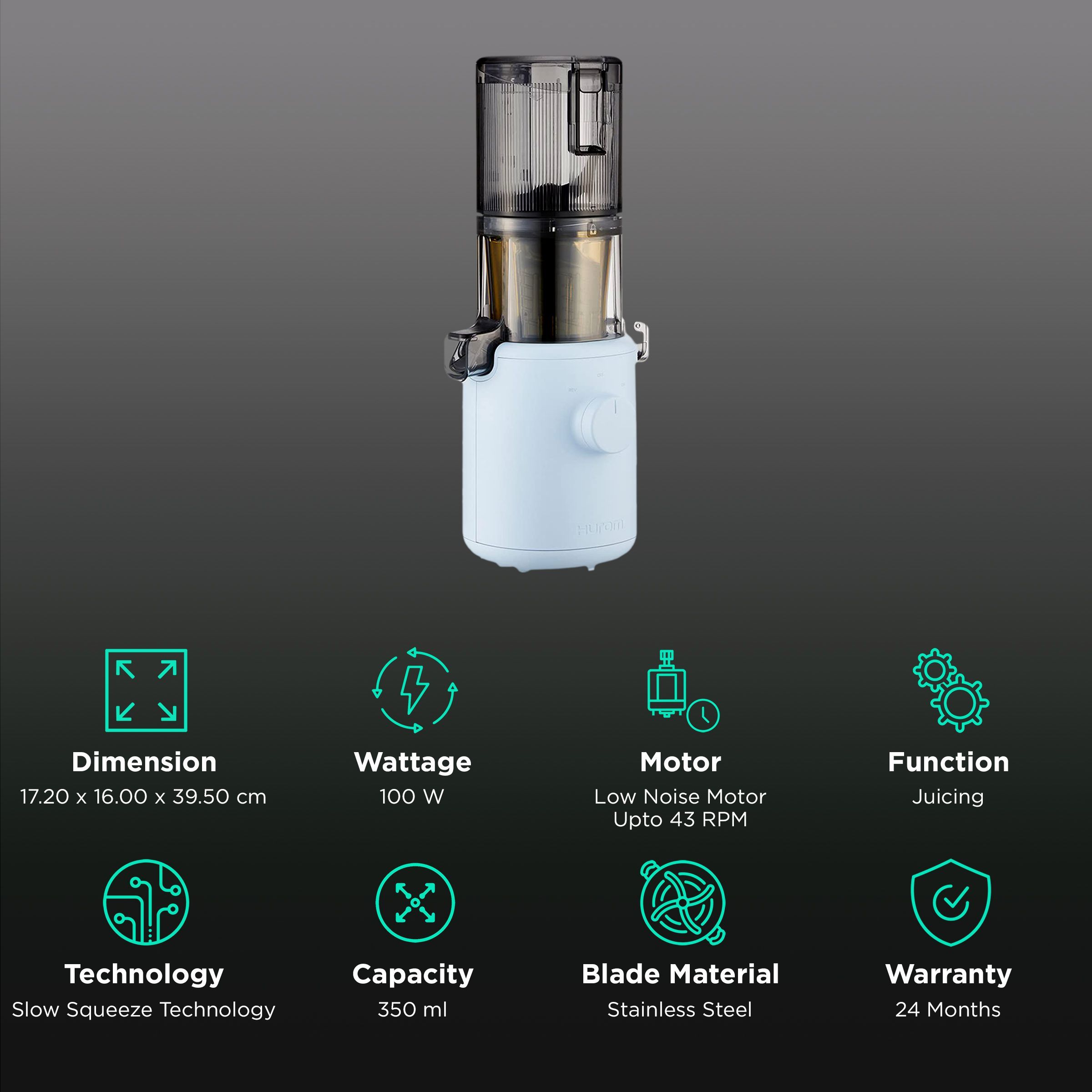 Hurom Easy Series 100 Watt Cold Press Juicer (43 RPM, Convenient with Minimal Touches, Sky Blue) Hurom Easy Series 100 Watt Cold Press Juicer (43 RPM, Convenient with Minimal Touches, Sky Blue)_2