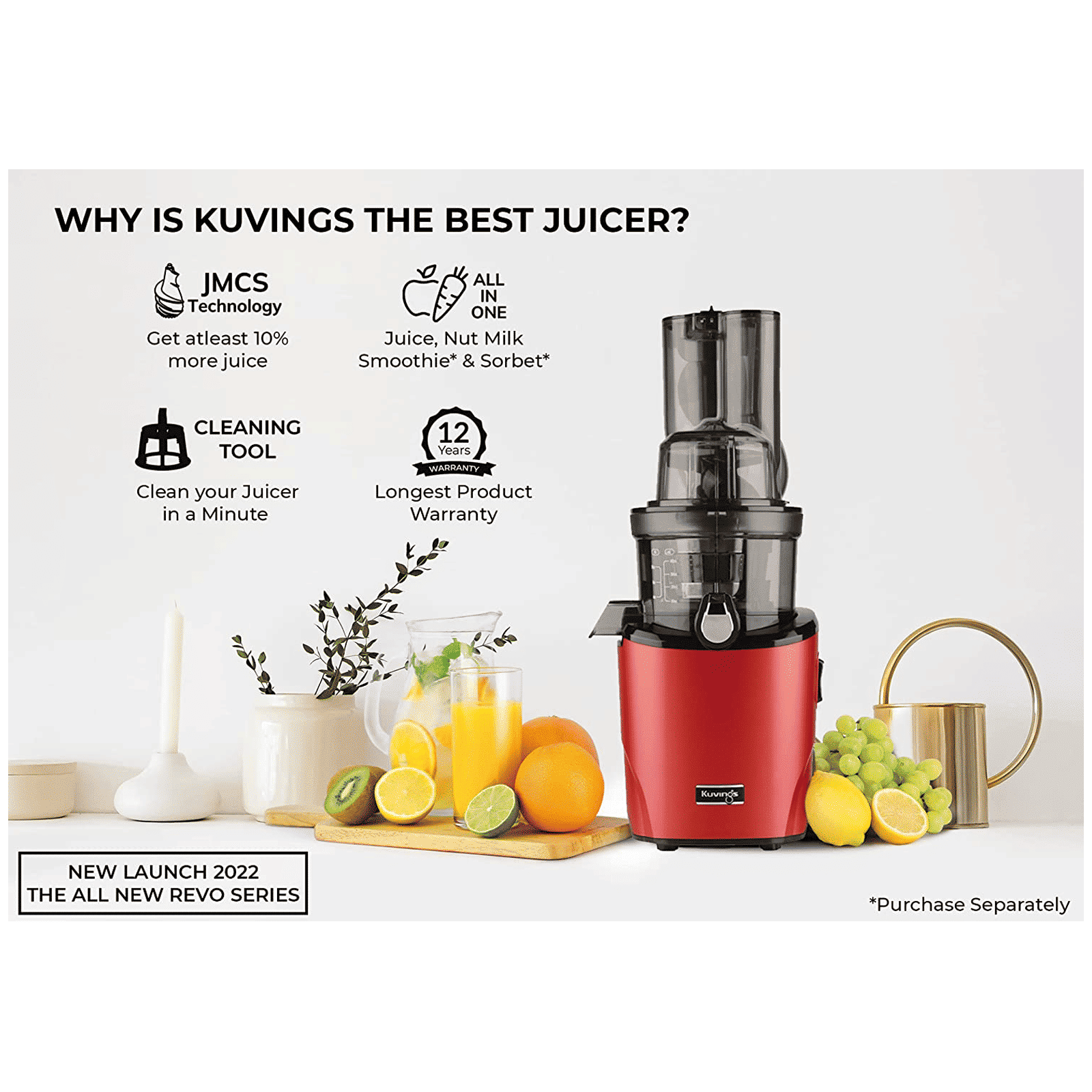 Kuvings REVO 200 Watt Cold Press Slow Juicer (50 RPM, Automatic Cutting Function, Red)_10