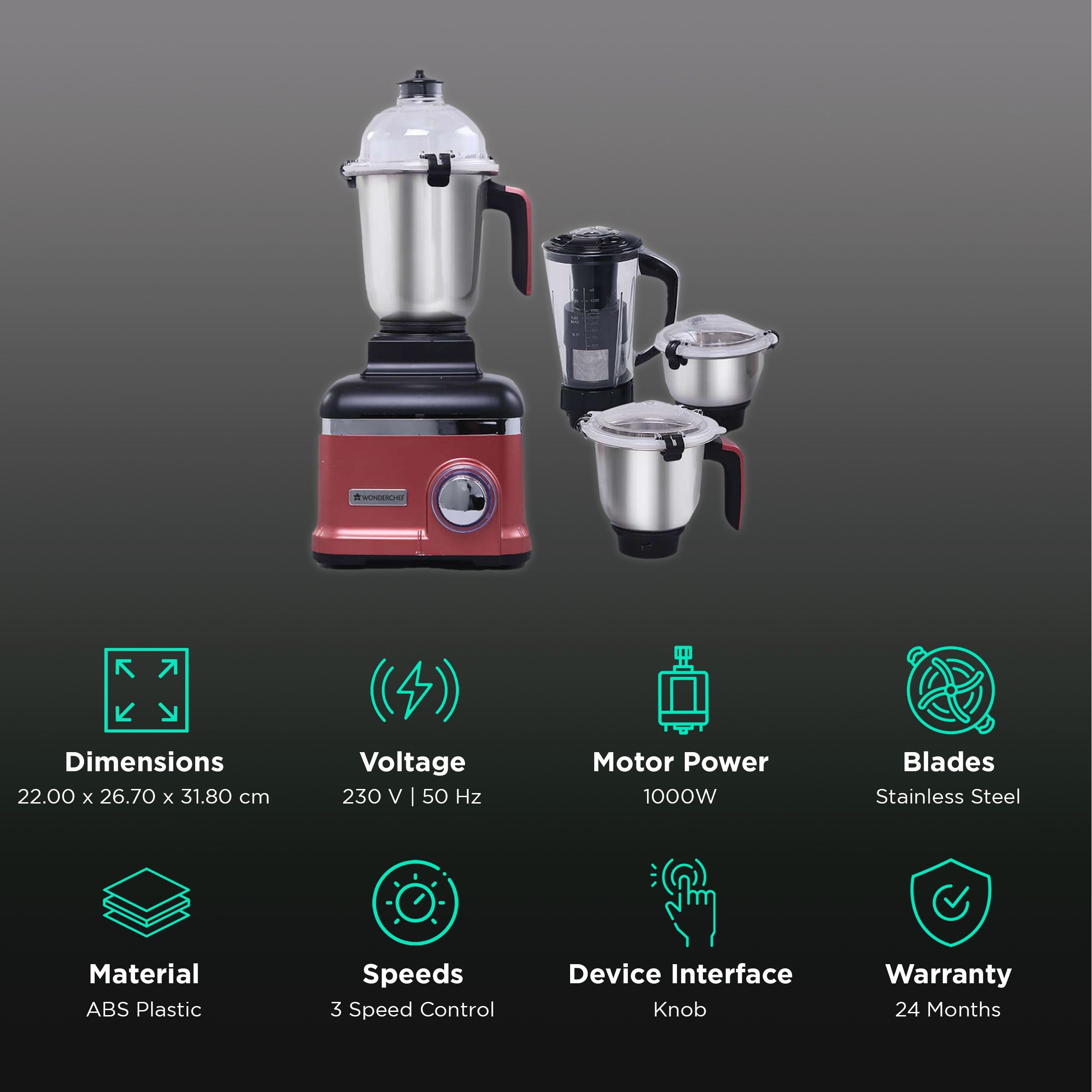 WONDERCHEF Sumo 1000 Watt 4 Jars Mixer Grinder (Advanced Air Ventilation System, Rust/Black)_2