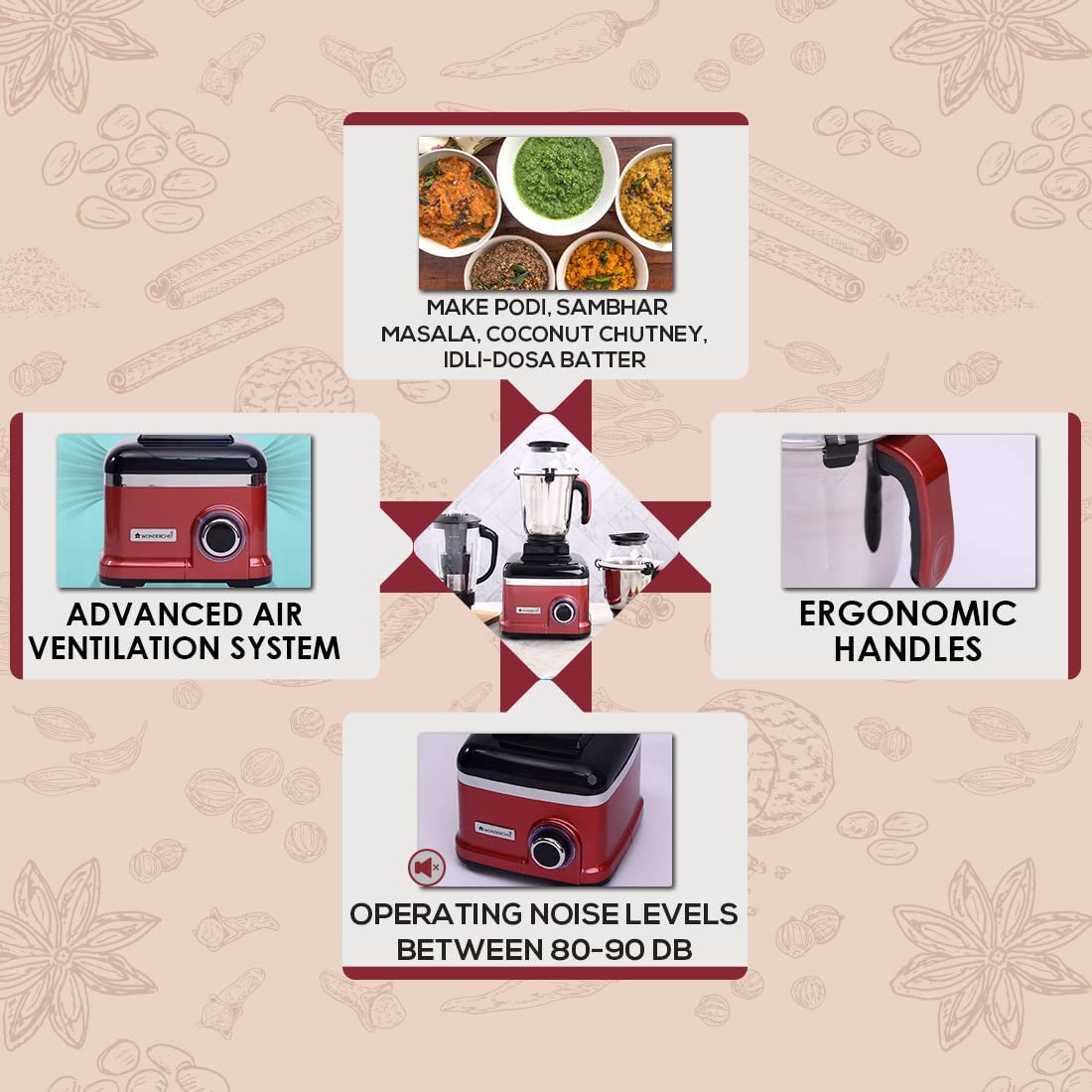 WONDERCHEF Sumo 1000 Watt 4 Jars Mixer Grinder (Advanced Air Ventilation System, Rust/Black)_16