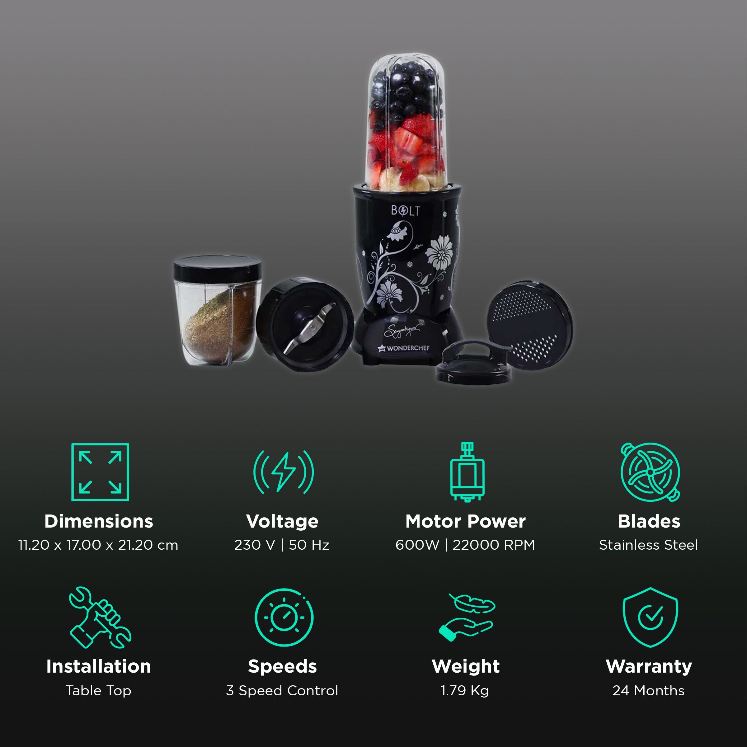 WONDERCHEF Nutri-Blend BOLT 600 Watt 2 Jars Mixer Grinder Blender (22000 RPM, Specialised Functions, Black)_2