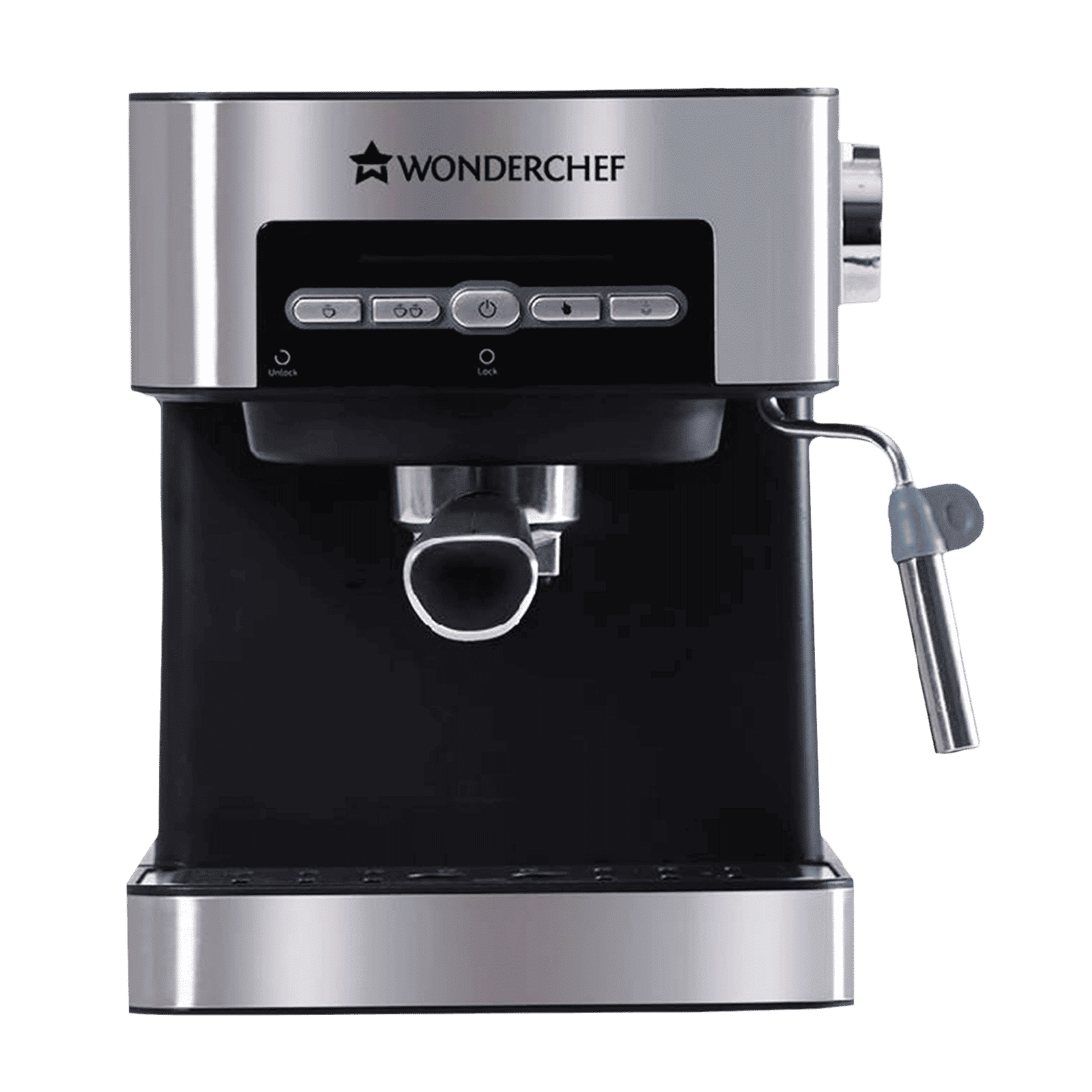 WONDERCHEF Regalia 850 Watt 2 Cups Semi-Automatic Espresso, Cappuccino, Latte, Macchiato & Ristretto Coffee Maker with Anti Slip Base (Black & Silver)_1