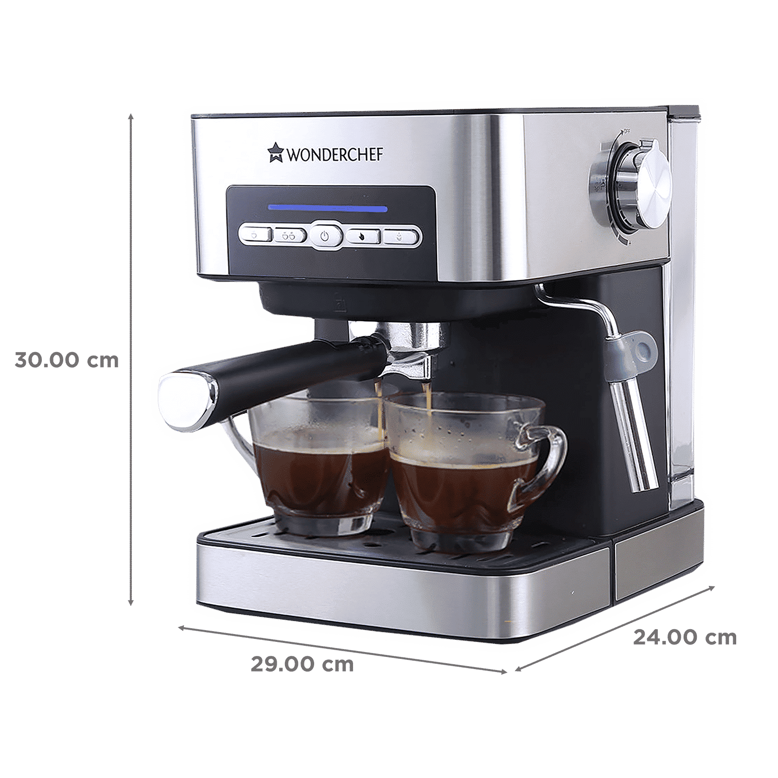 WONDERCHEF Regalia 850 Watt 2 Cups Semi-Automatic Espresso, Cappuccino, Latte, Macchiato & Ristretto Coffee Maker with Anti Slip Base (Black & Silver)_2